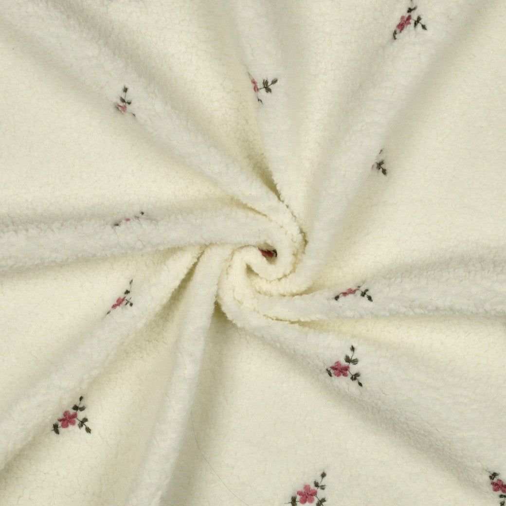 Teddy Fabric with Embroidered Flowers in Off-White