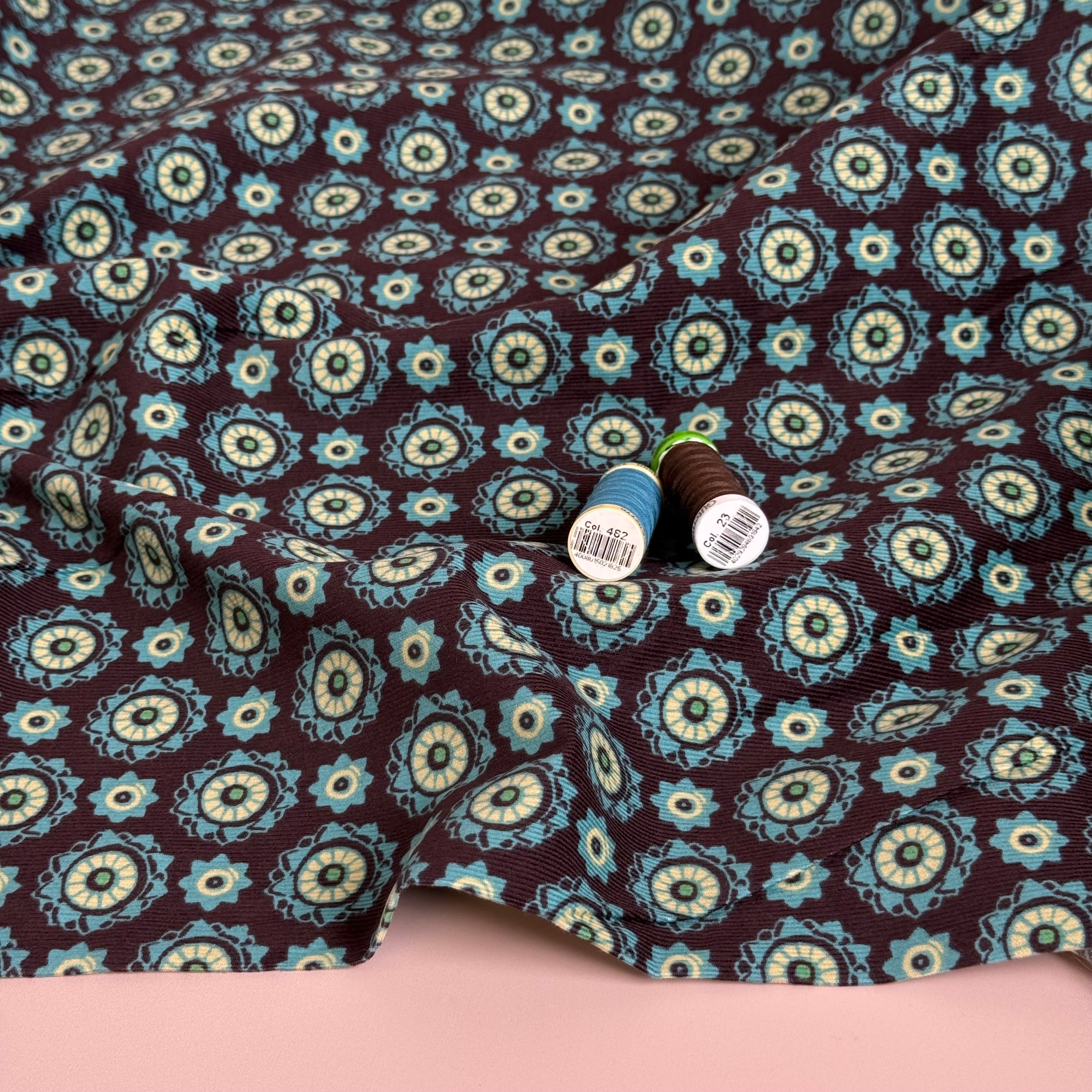 Petrol Mandala on Brown Cotton Needlecord