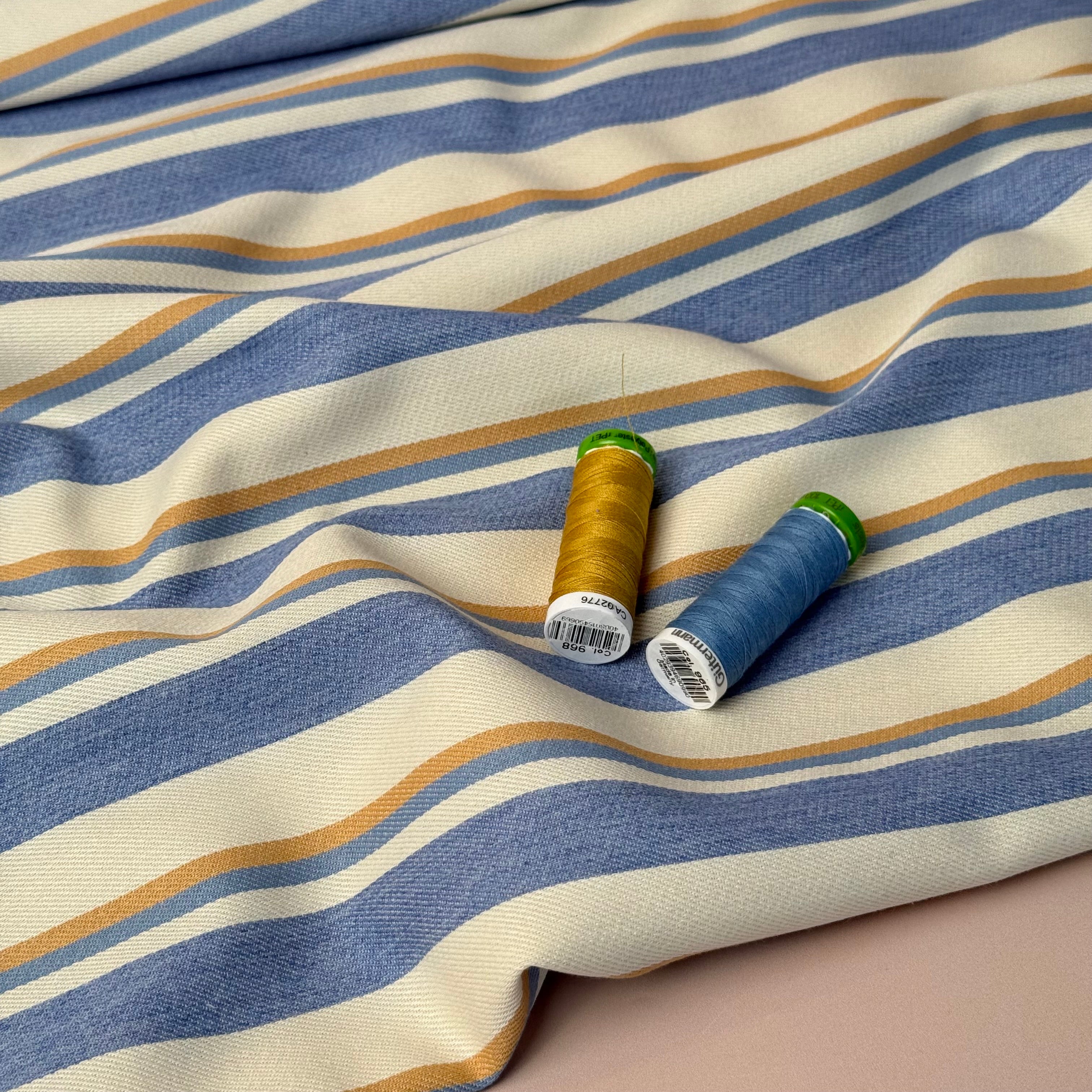 PRE-ORDER (arriving by end of July) - Yarn Dyed Striped Cotton Denim in Camel & Blue