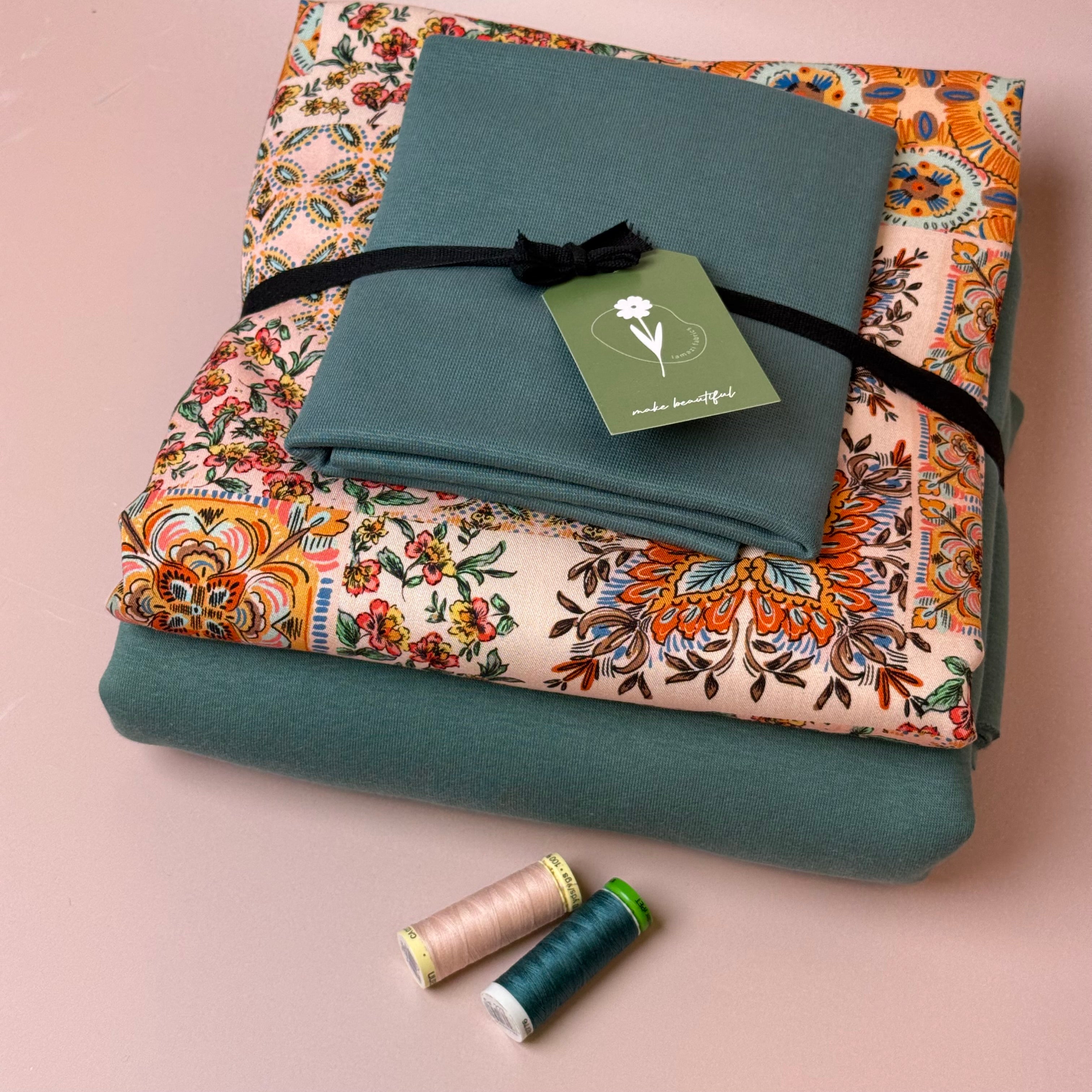 Make an Outfit Colour Bundle - Patchwork Viscose Twill & Sweatshirting in Sea Pine with Ribbing