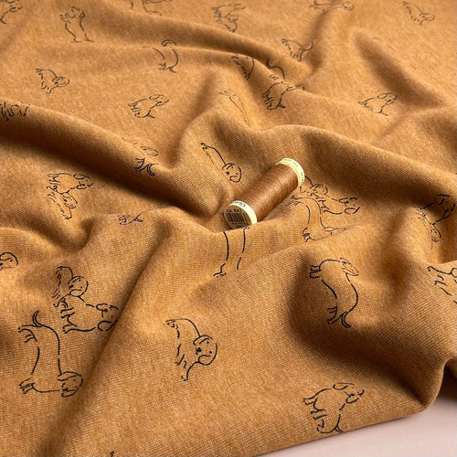 REMNANT 0.93 Metre - Sausage Dogs Copper Melange Fleecy Sweat-shirting Fabric