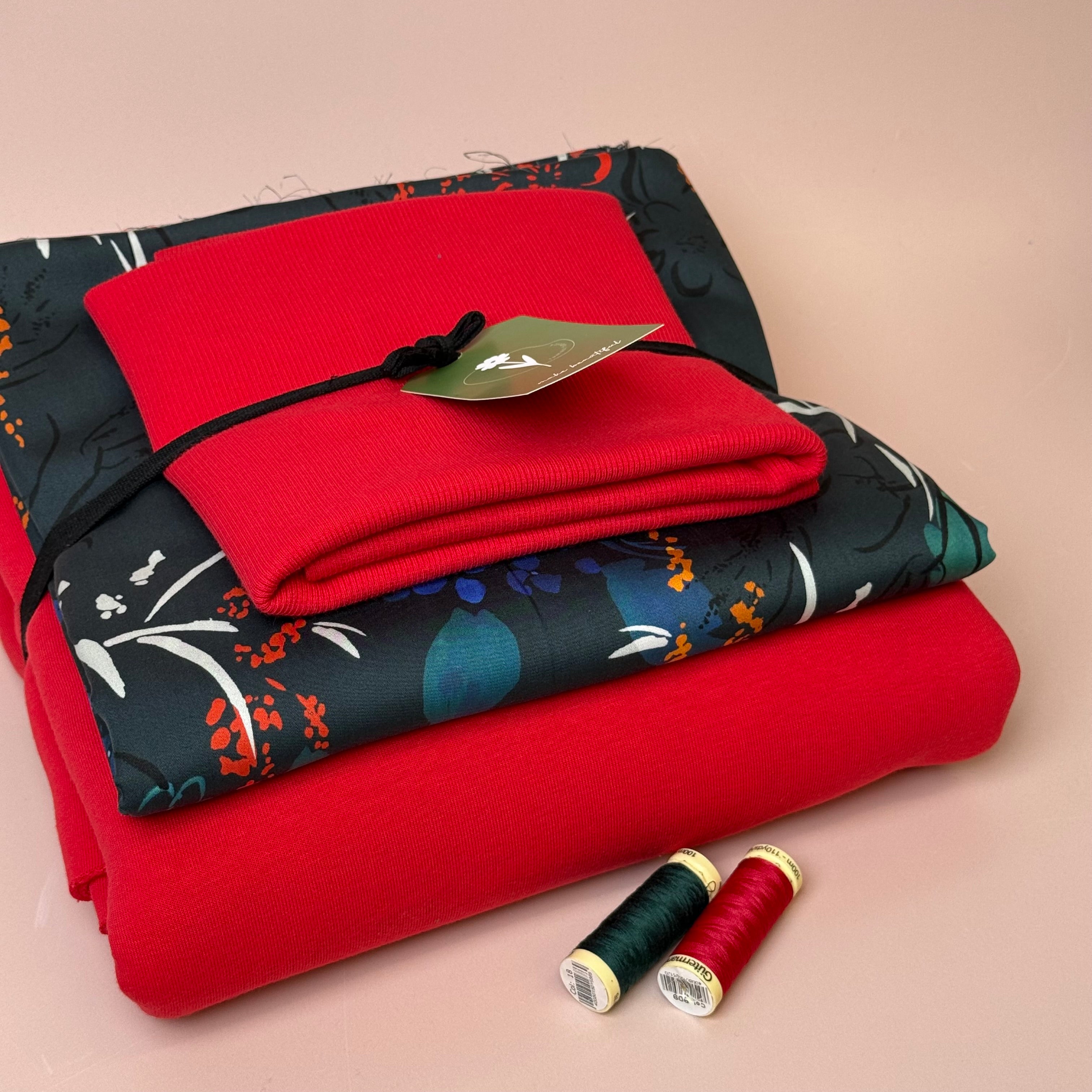 Make an Outfit Colour Bundle - Midnight Blooms Tencel Sateen & Sweatshirting in Red with Ribbing