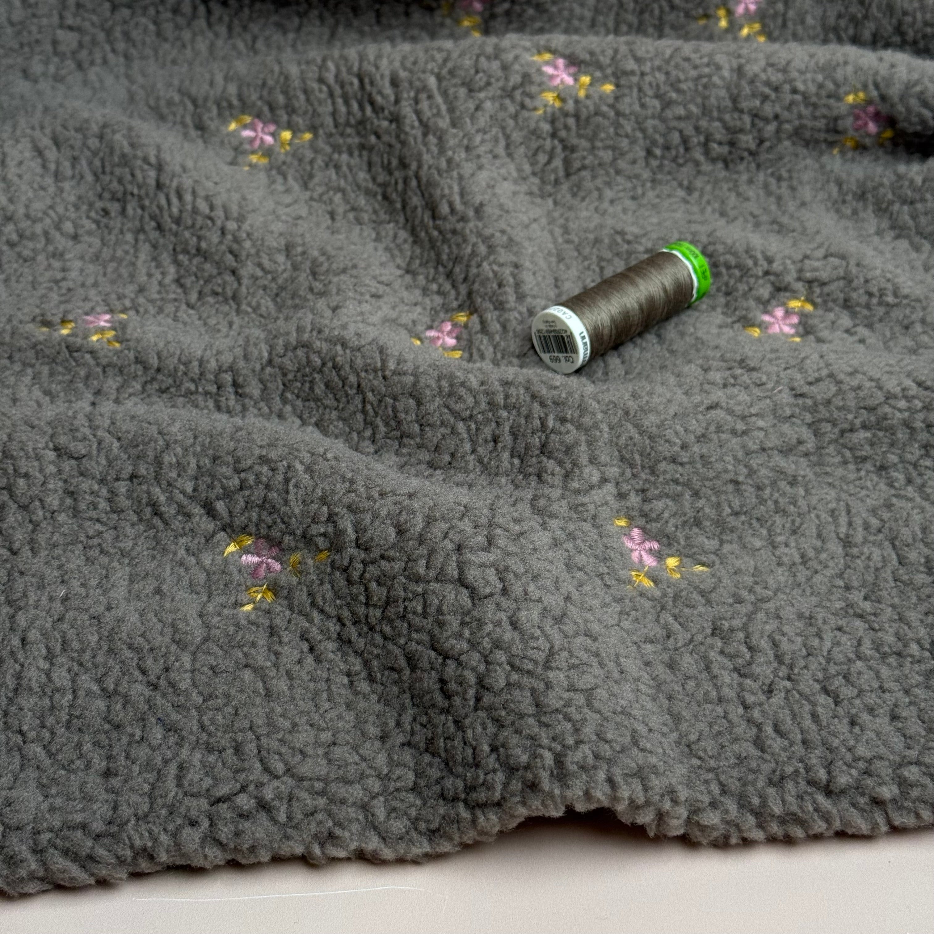 Teddy Fabric with Embroidered Flowers in Grey