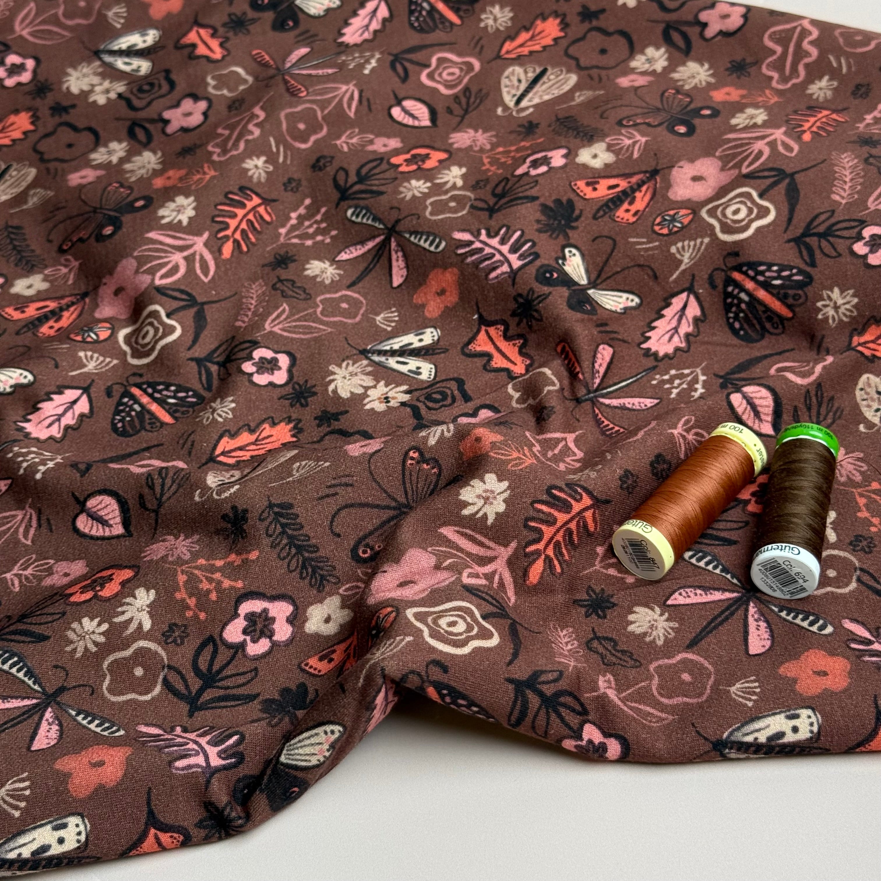 Autumn Doodles Brown Cotton French Terry Fabric