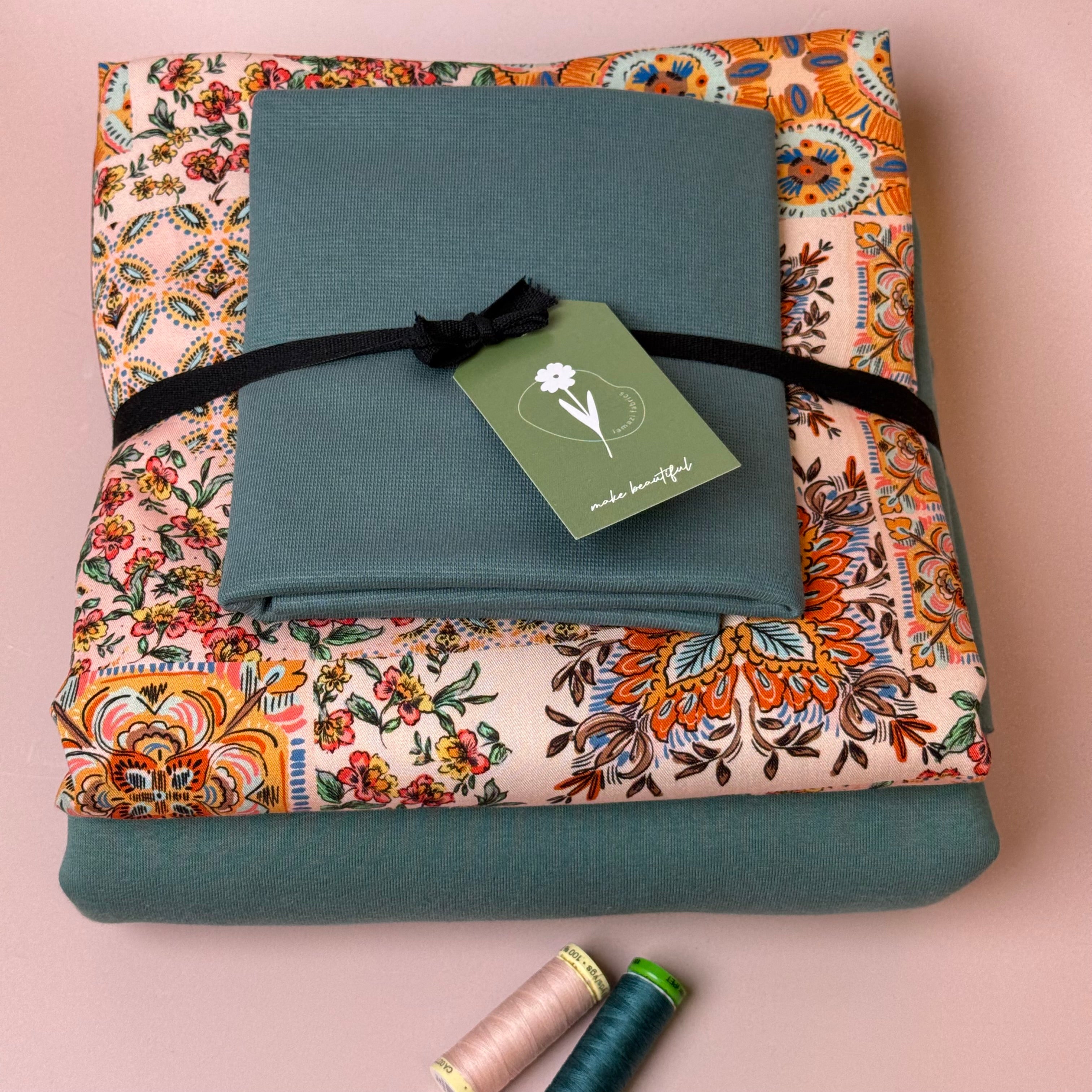 Make an Outfit Colour Bundle - Patchwork Viscose Twill & Sweatshirting in Sea Pine with Ribbing