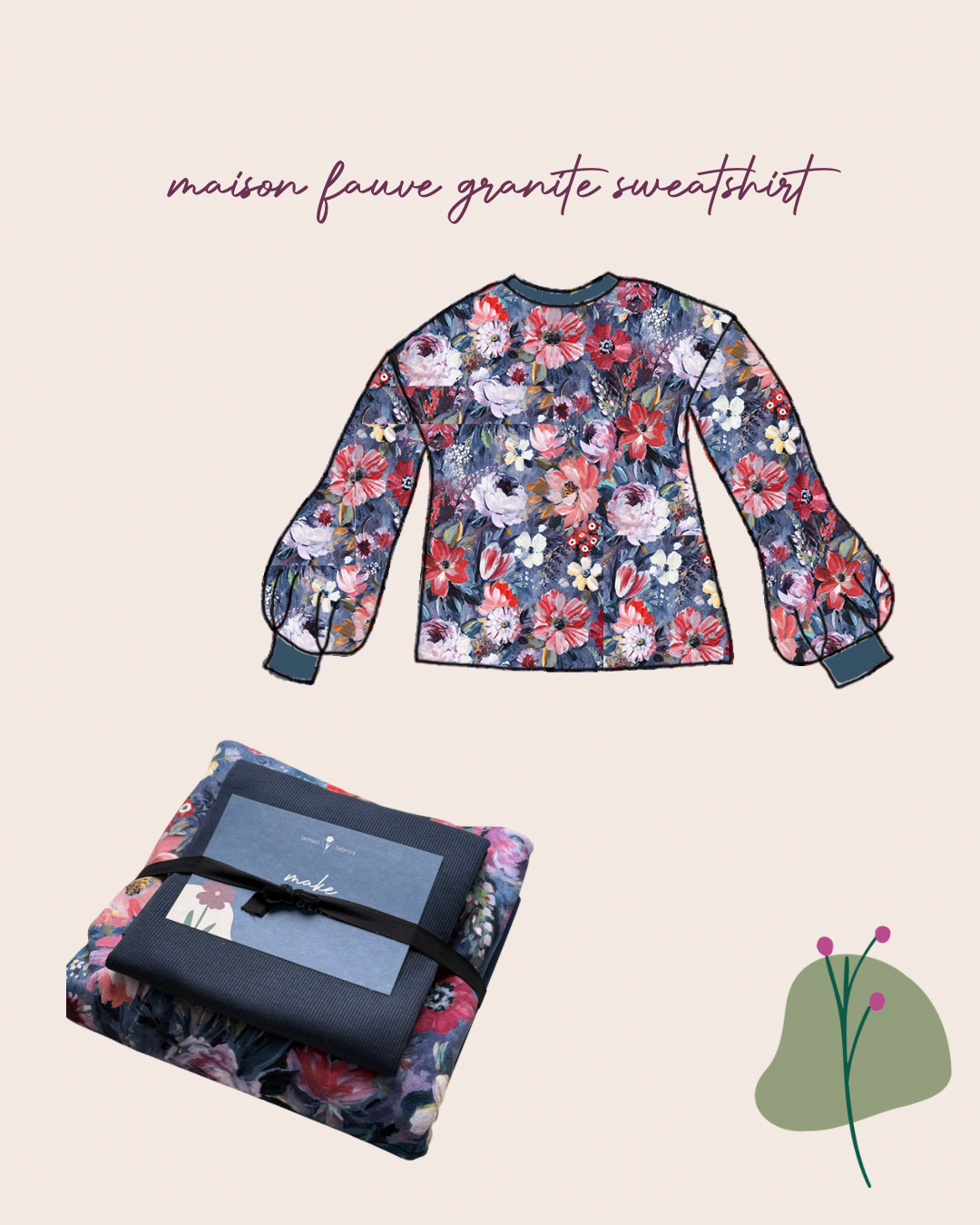 Colour Bundles - Autumn Bouquet Blue Cotton French Terry & Matching Ribbing