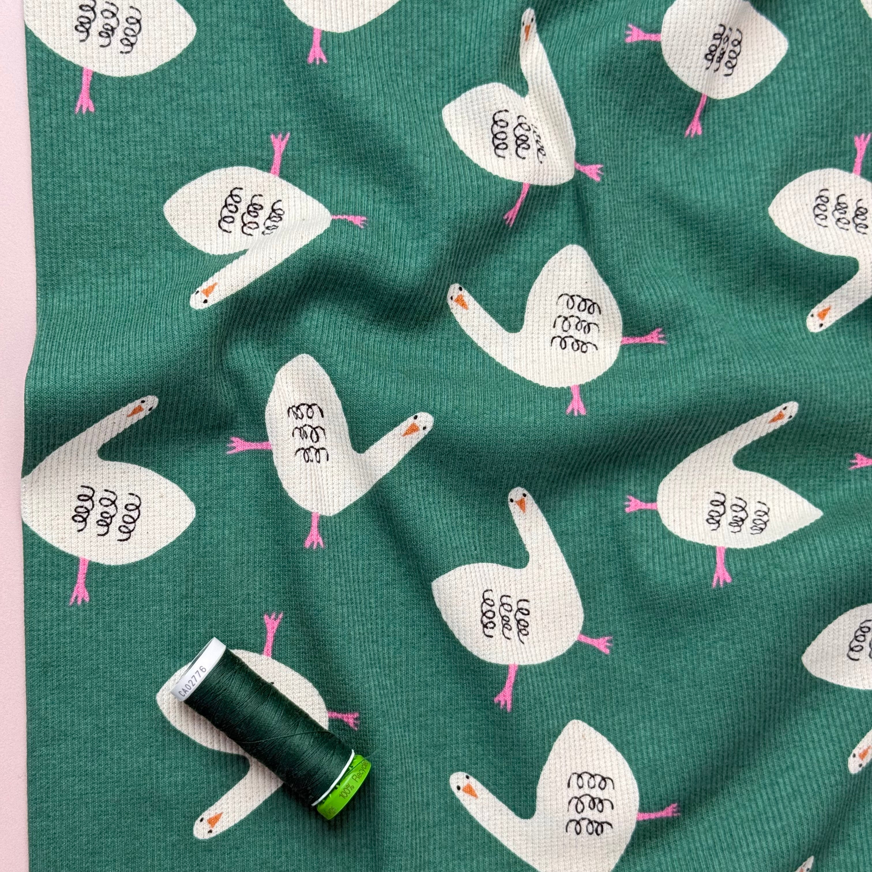 Geese on Green Organic GOTS Cotton Ribbed Jersey