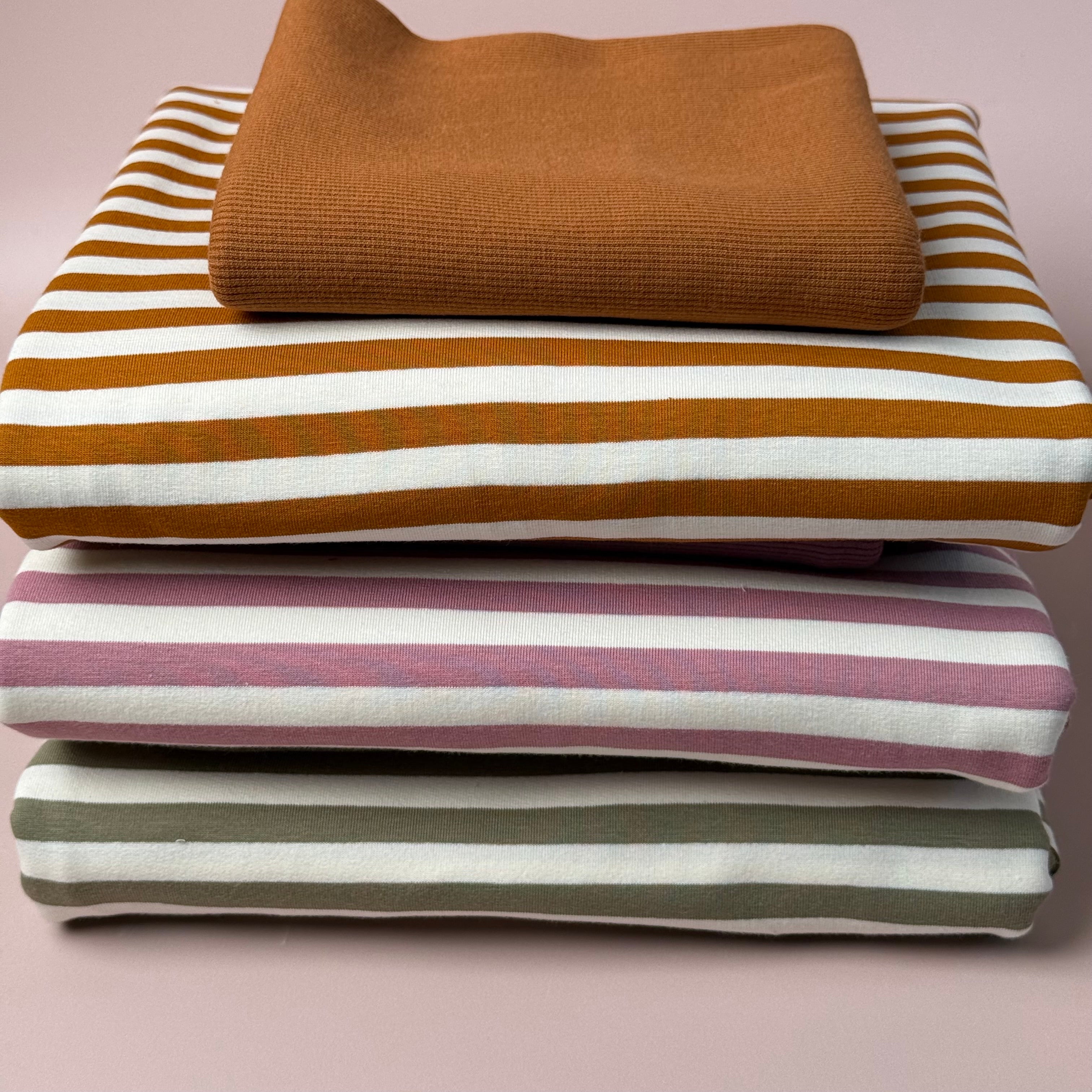 Colour Bundles - Tea Green Stripe Cotton French Terry & Ribbing