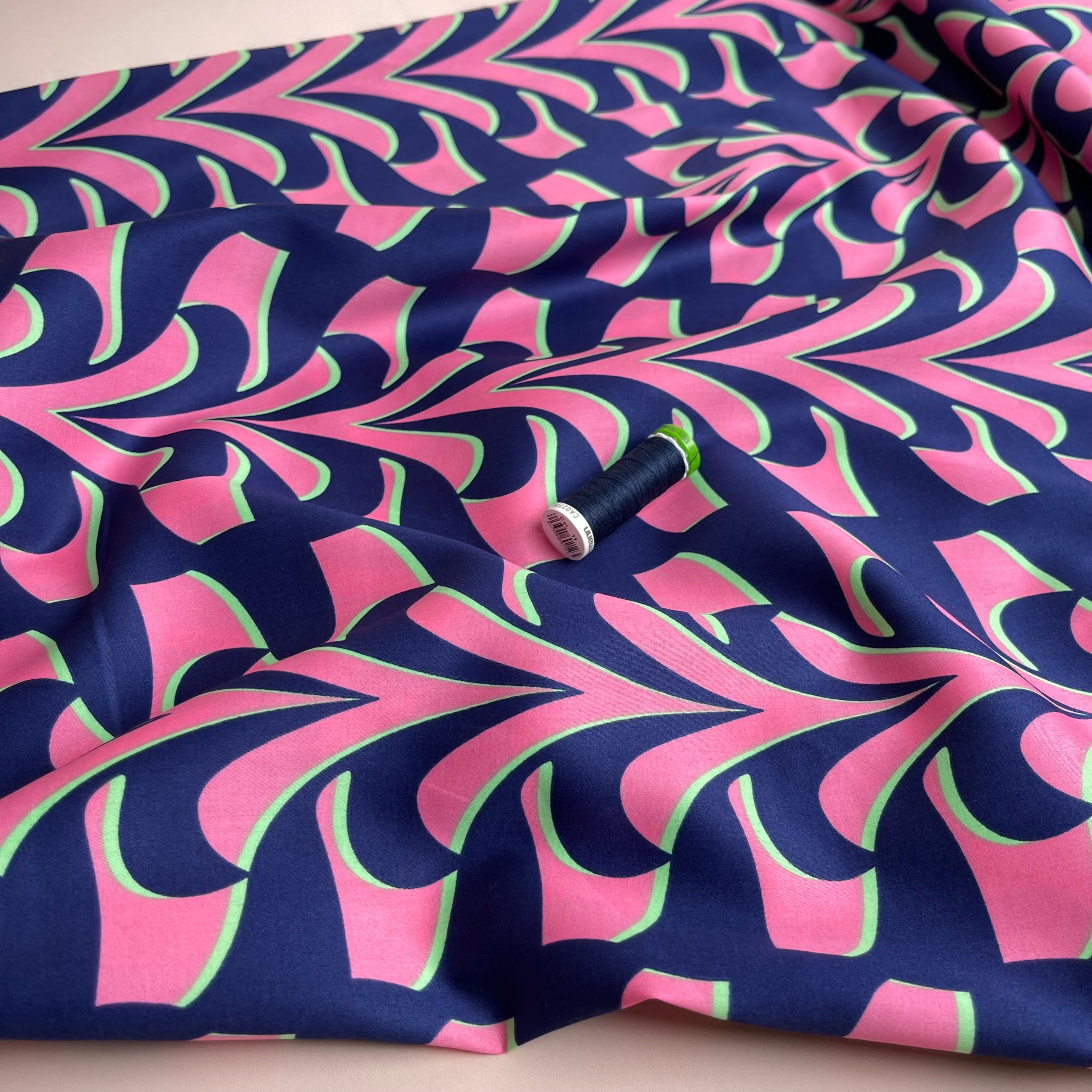 Abstract Navy and Pink Cotton Sateen Fabric