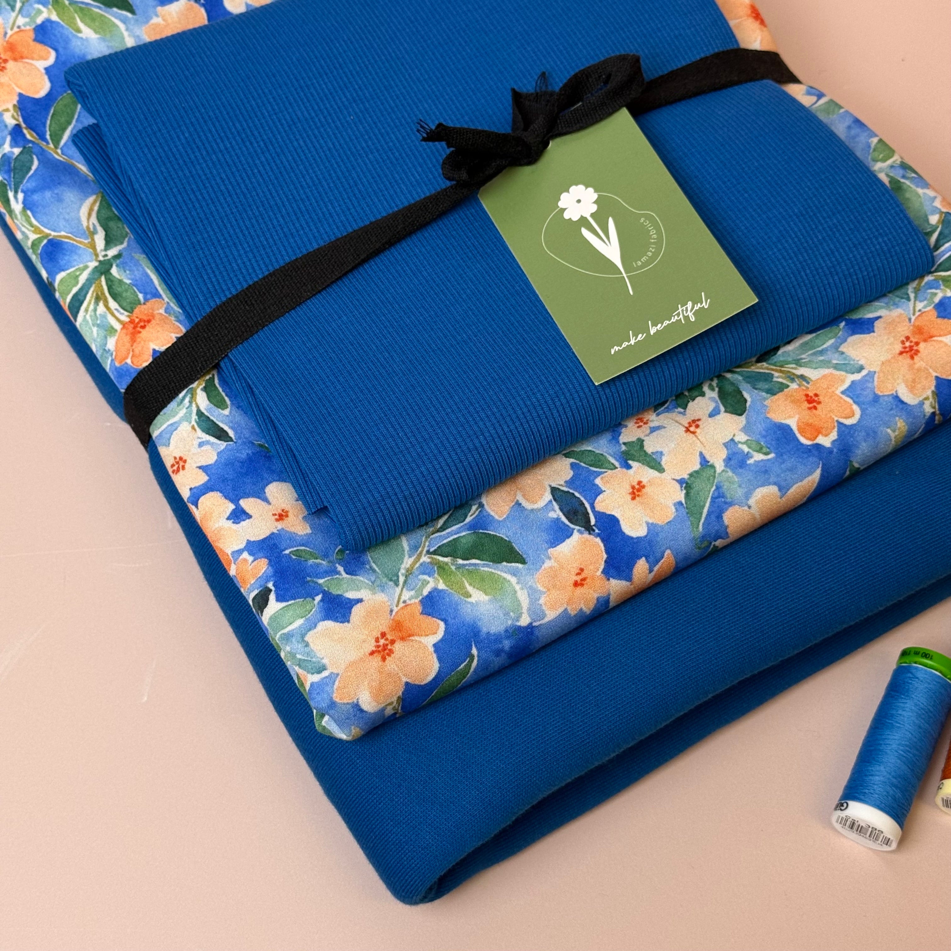 Make an Outfit Colour Bundle - Peach Flowers Viscose & Brushed Sweatshirt in Intense Blue with Ribbing