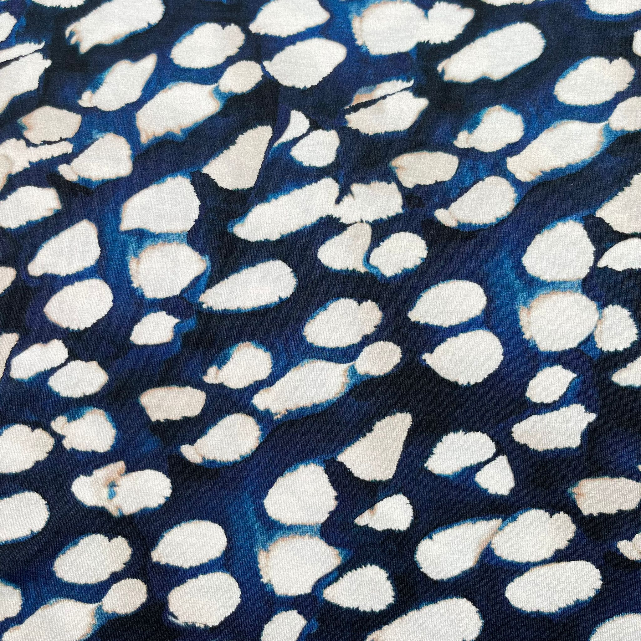 REMNANT 0.56 Metres - Ex-Designer Deadstock Fuzzy Raindrops on Navy Blue Viscose Jersey Fabric