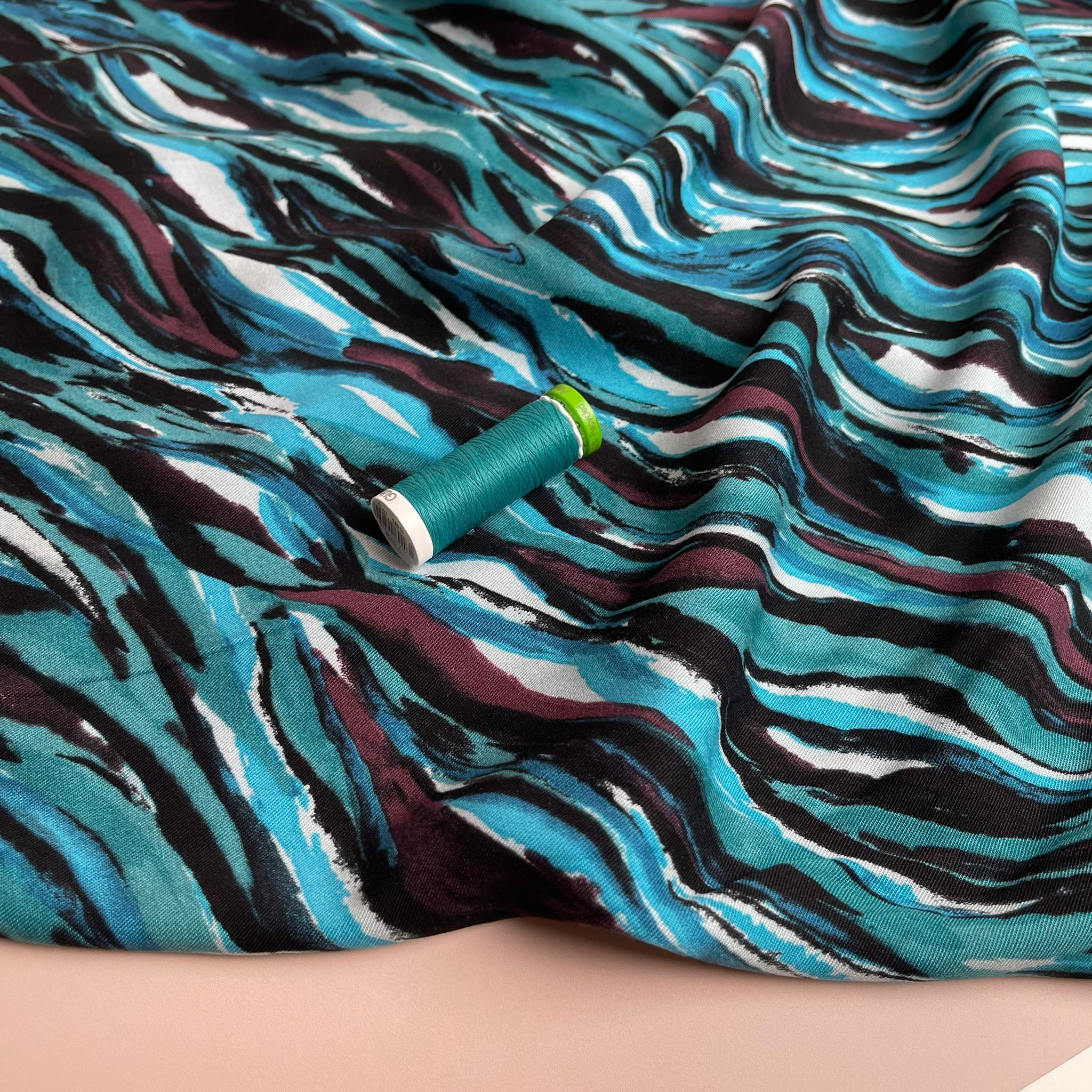 REMNANT 0.74 Metre - Waves in Petrol Viscose Twill Fabric