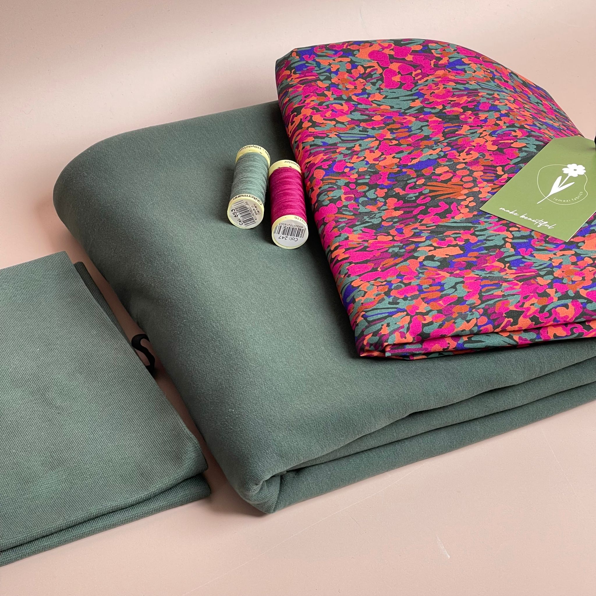 Make an Outfit Colour Bundle - Colourful Garden Dark Green ECOVERO Viscose & Sweatshirting with ribbing