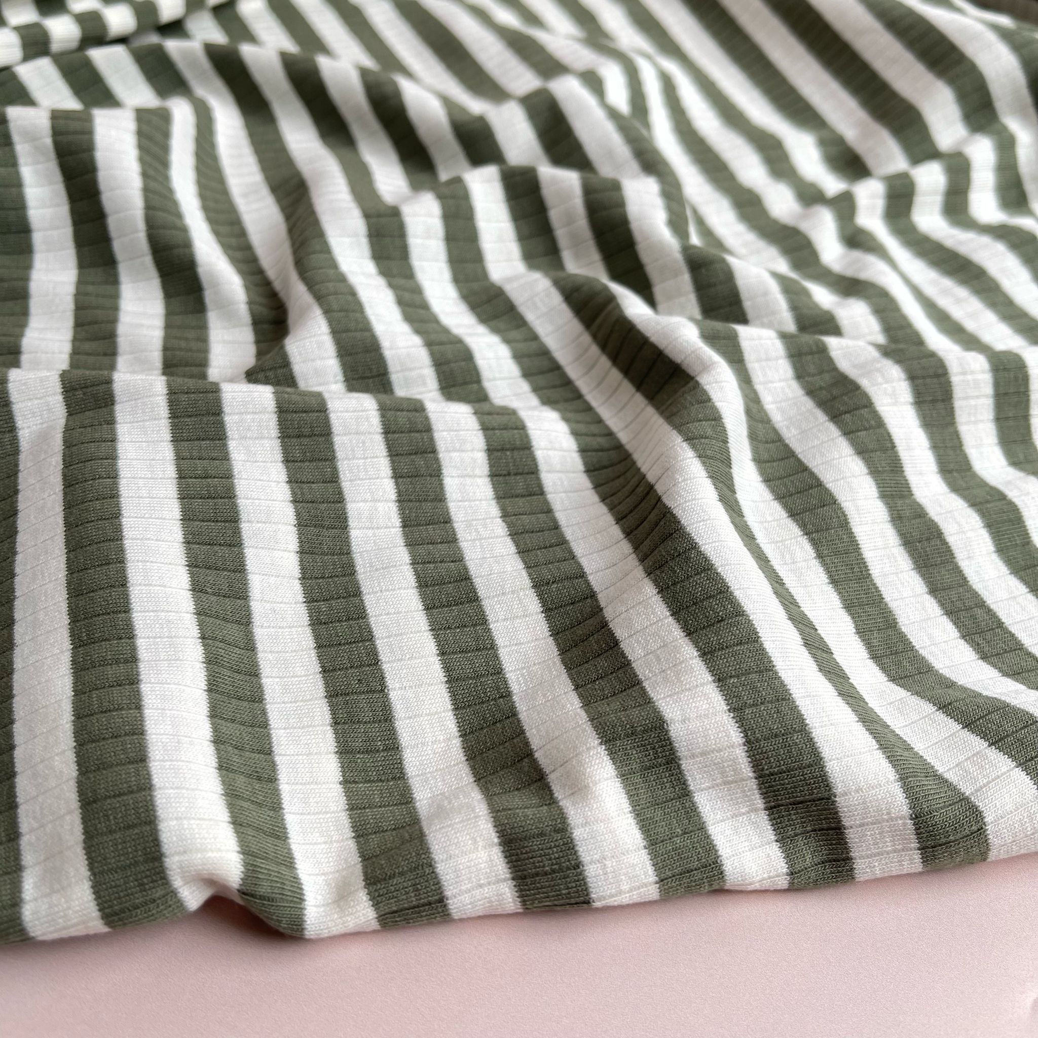 Yarn Dyed Striped Cotton Ribbed Jersey in Khaki and White