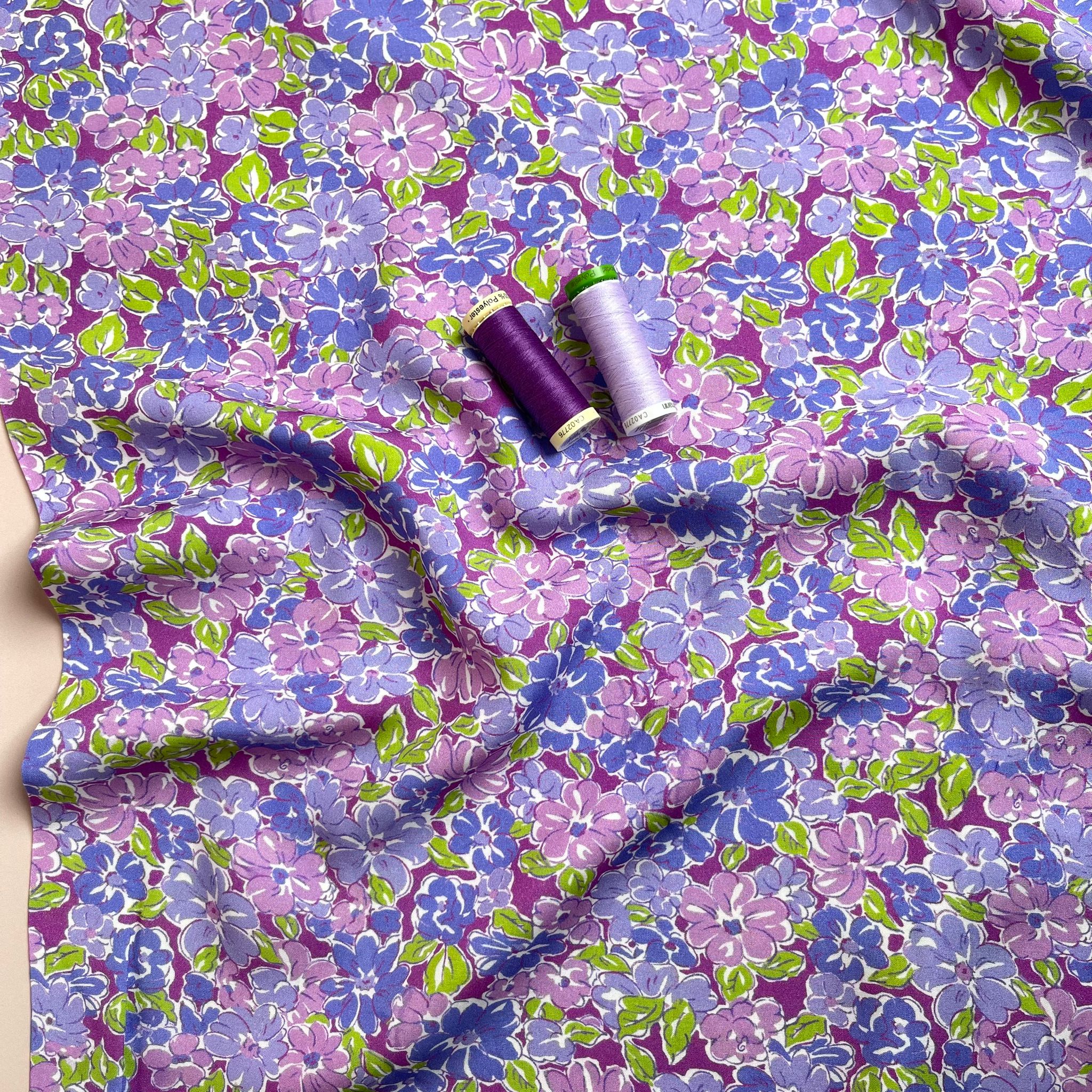 Meadow Flowers in Purple and Green Viscose Fabric