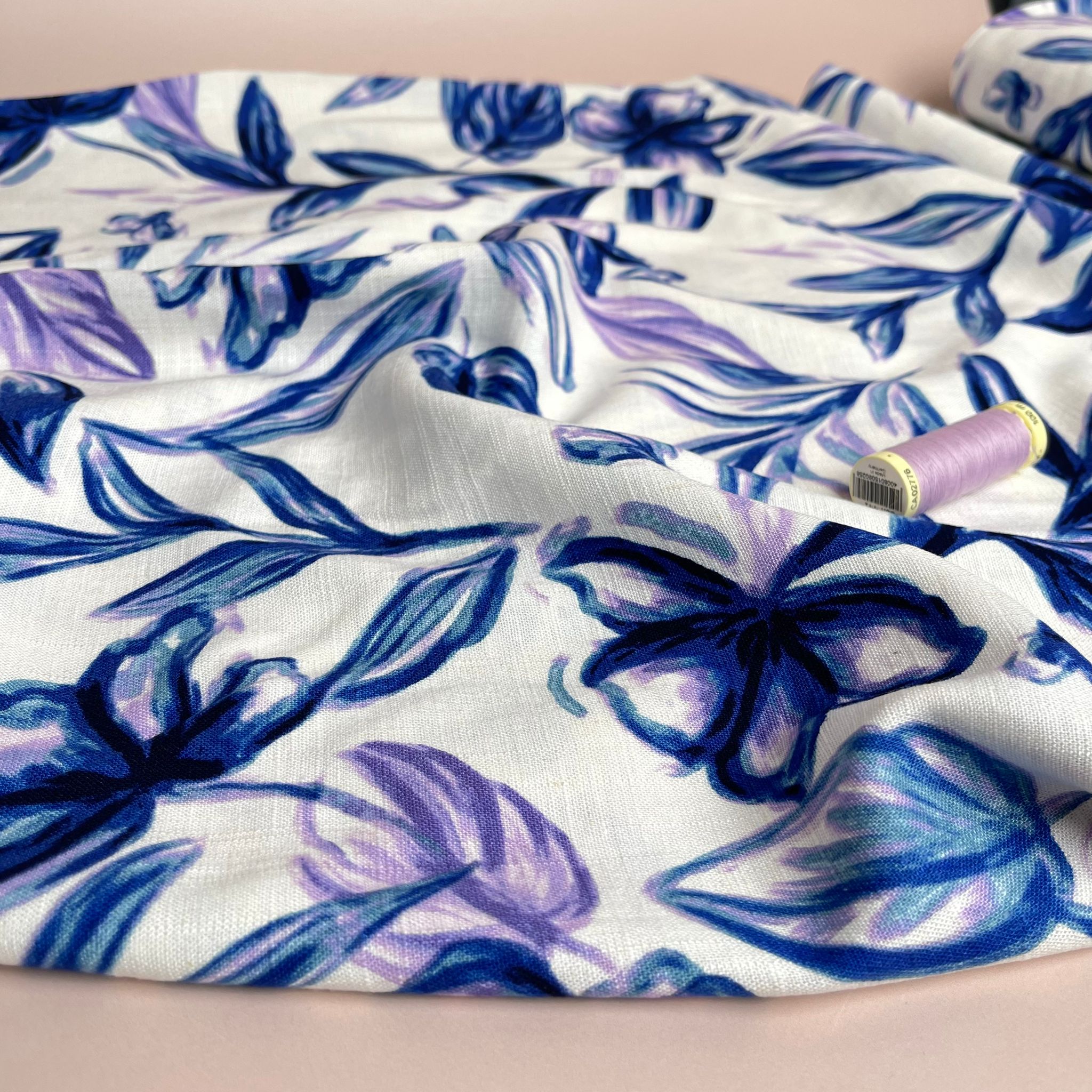 Lilac and Navy Flowers Linen Viscose Blend Fabric