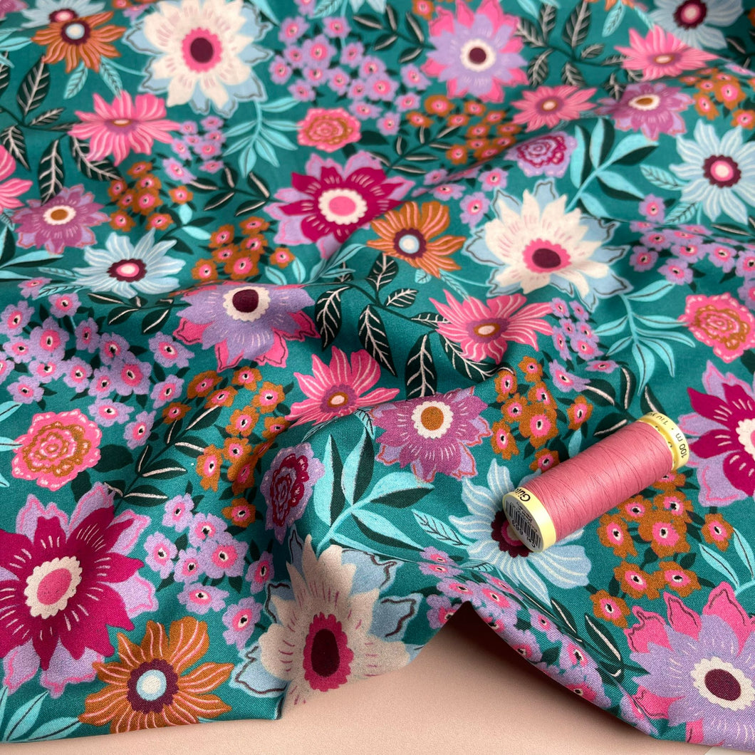 Flowers on Teal Cotton Poplin Fabric