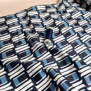 Deadstock Navy and Blue Geo Cotton Sateen Fabric