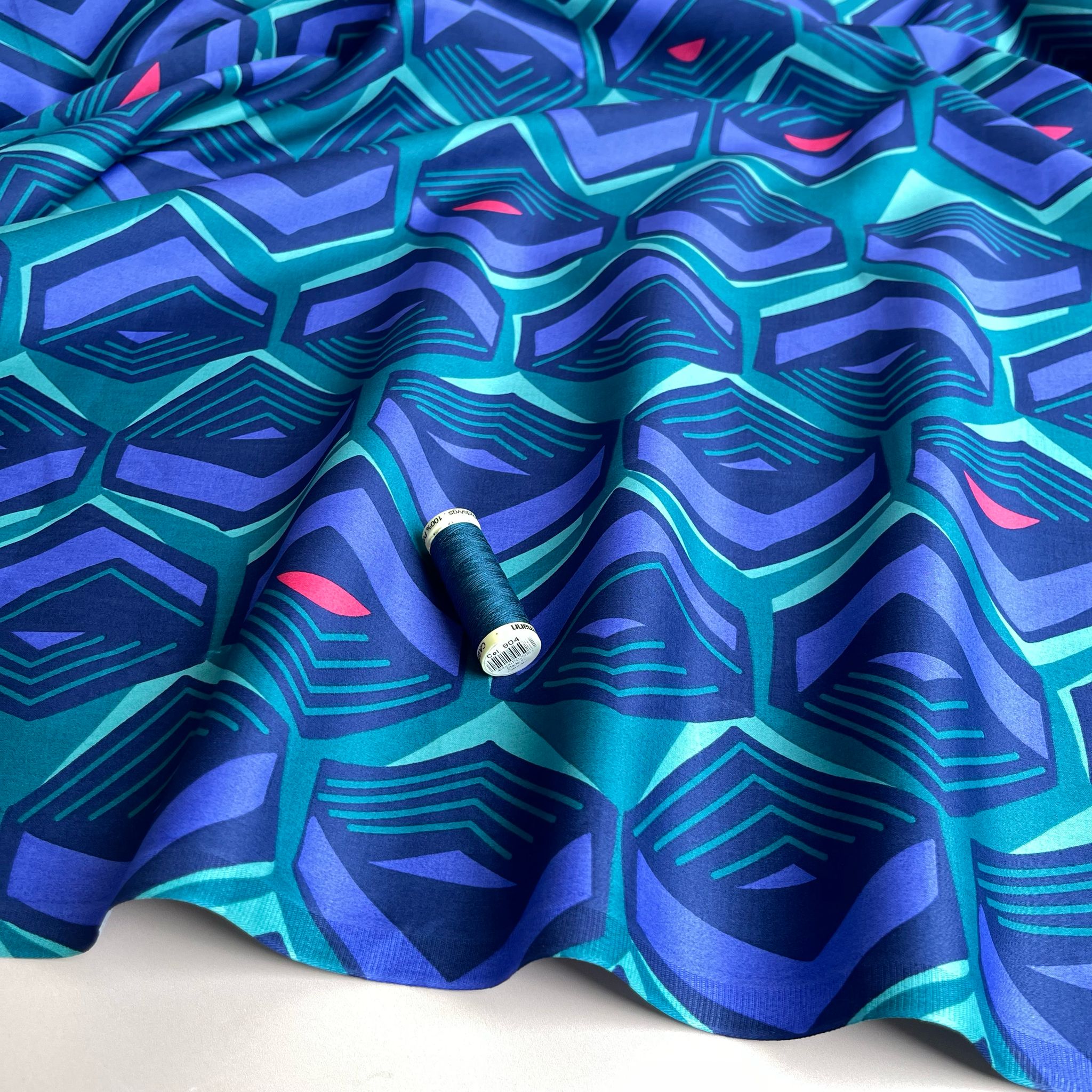 Geometric Teal Cotton Sateen Fabric