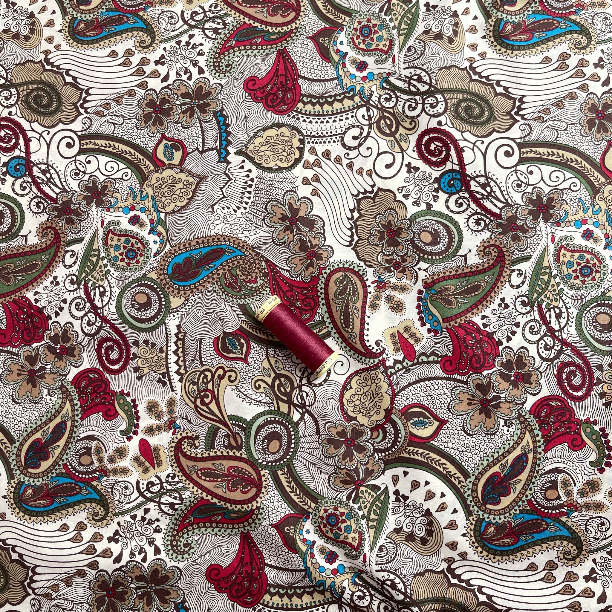 Autumn Paisley on White Cotton Lawn Fabric