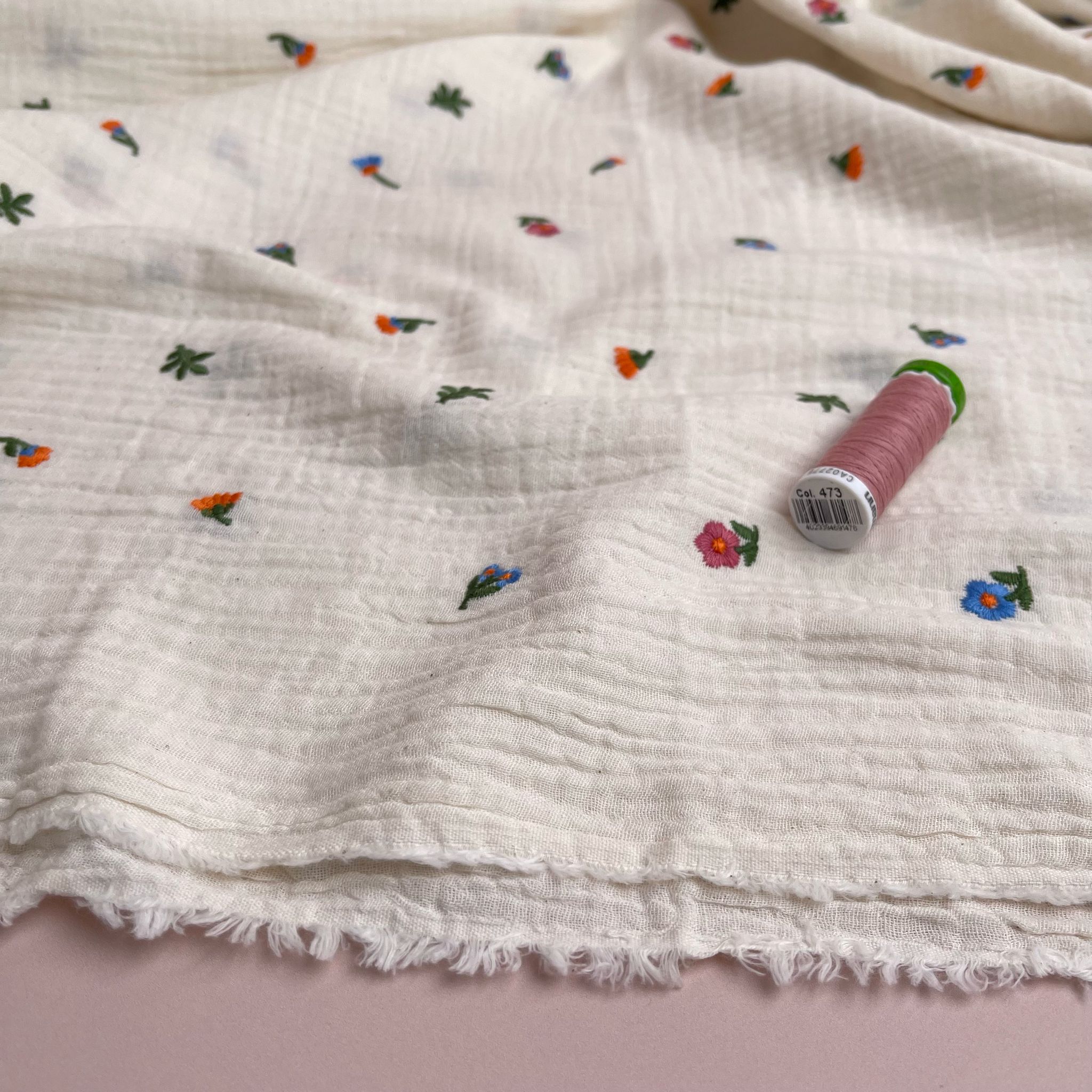 Embroidered Ditsy Florals on Off-White Cotton Double Gauze