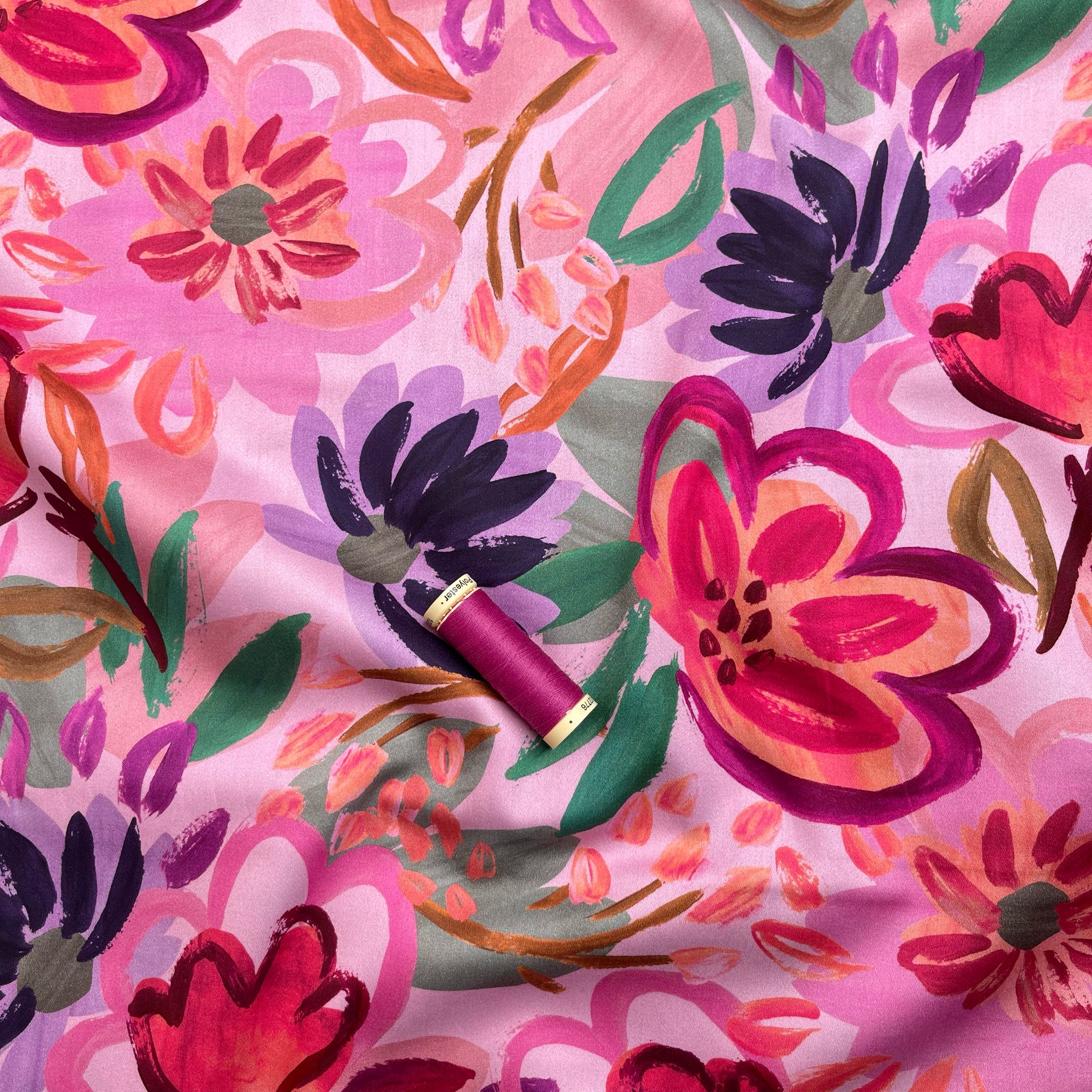 Painted Spring Garden on Pink Cotton Sateen Fabric