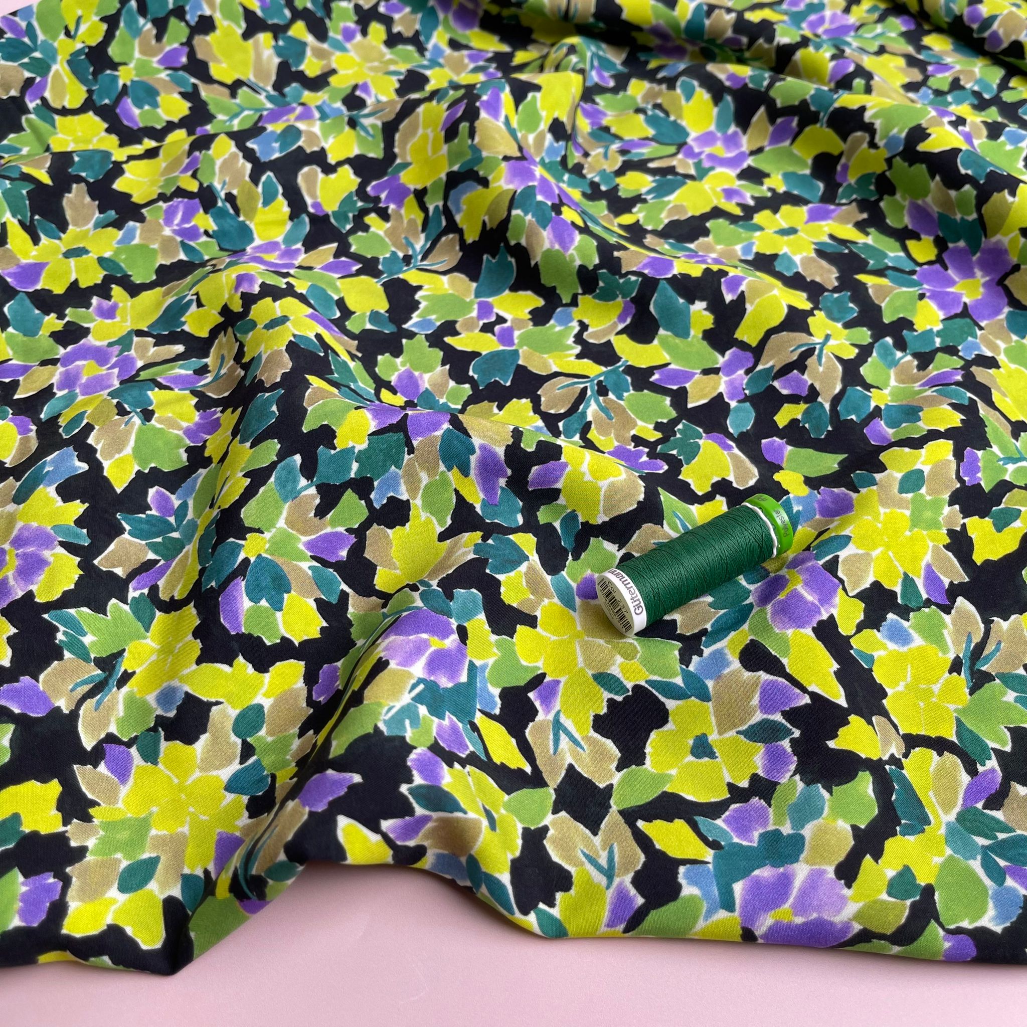 Meadow Flowers in Lime and Purple Viscose Fabric