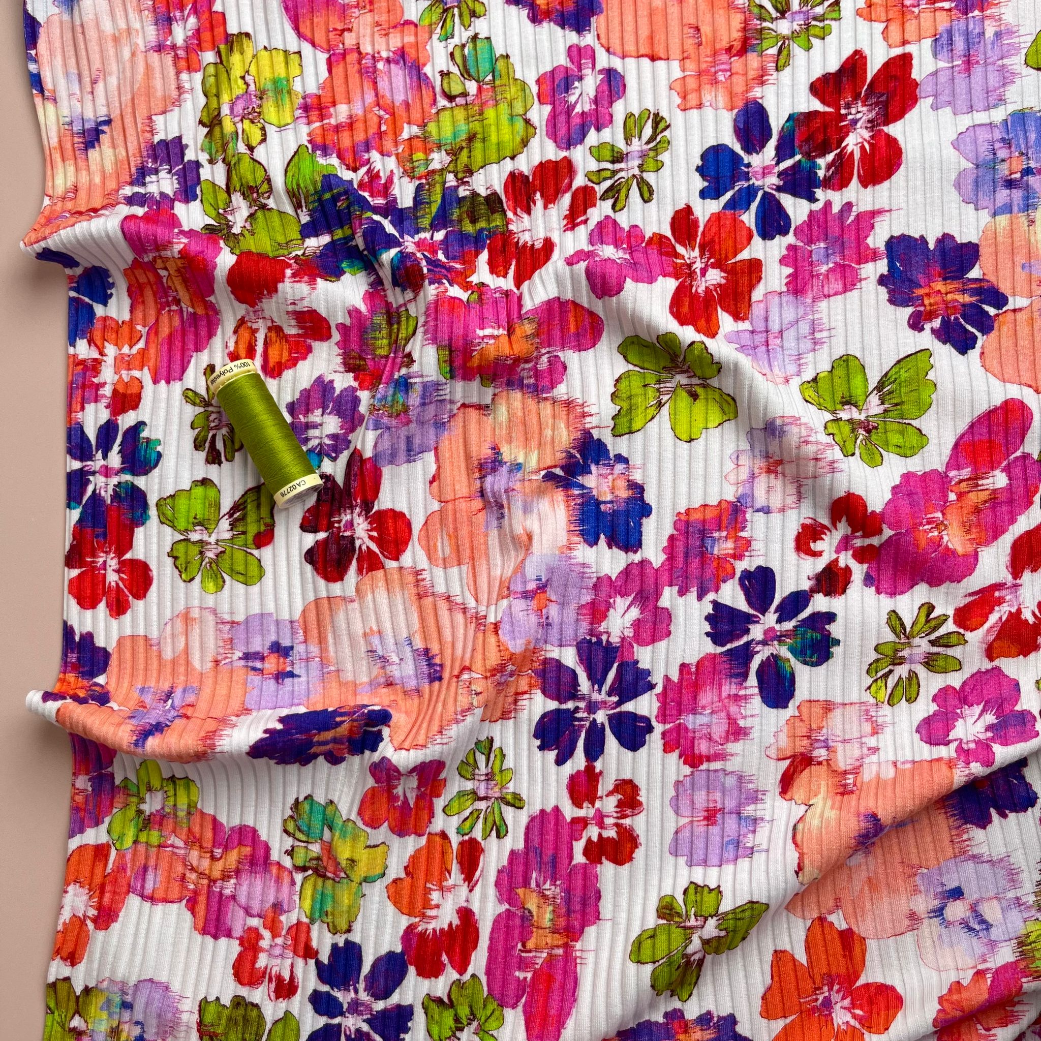 REMNANT 0.74 Metre - Spring Watercolour Flowers Cotton Ribbed Jersey