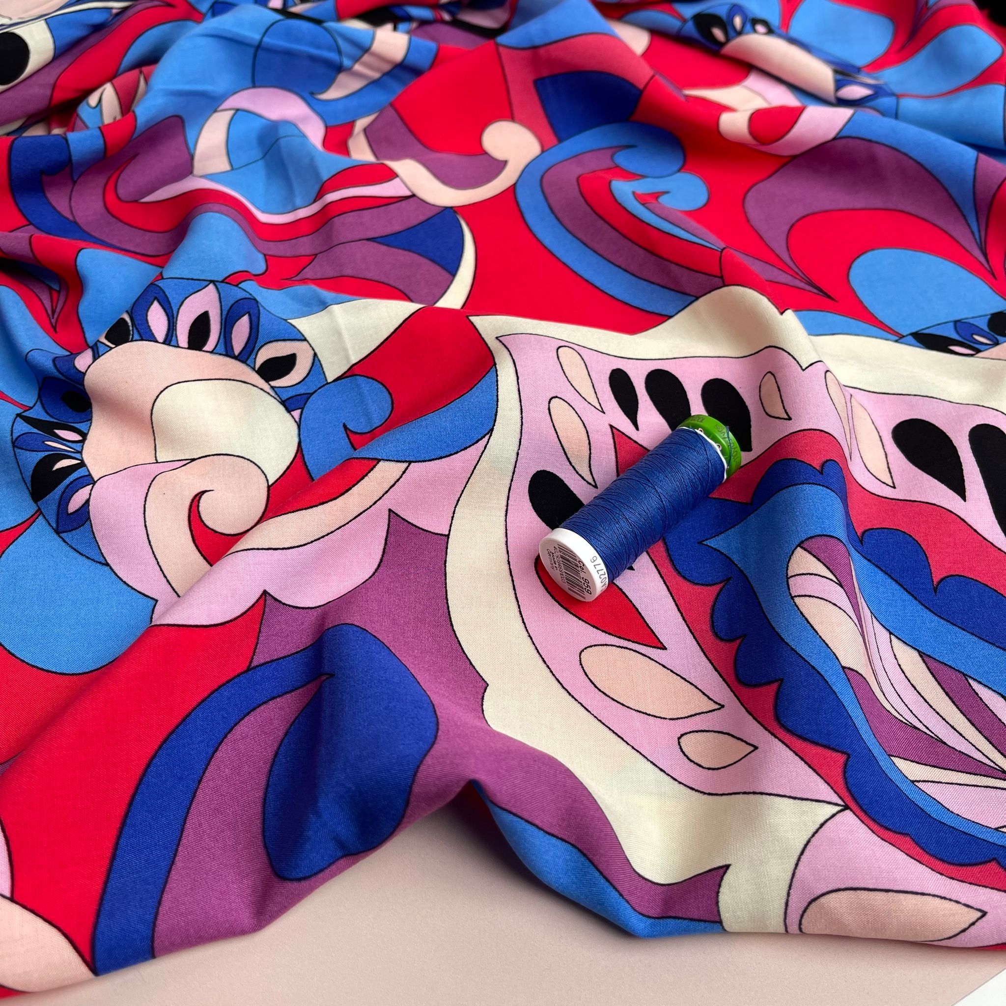 Retro Floral in Red and Cobalt Viscose Poplin Fabric