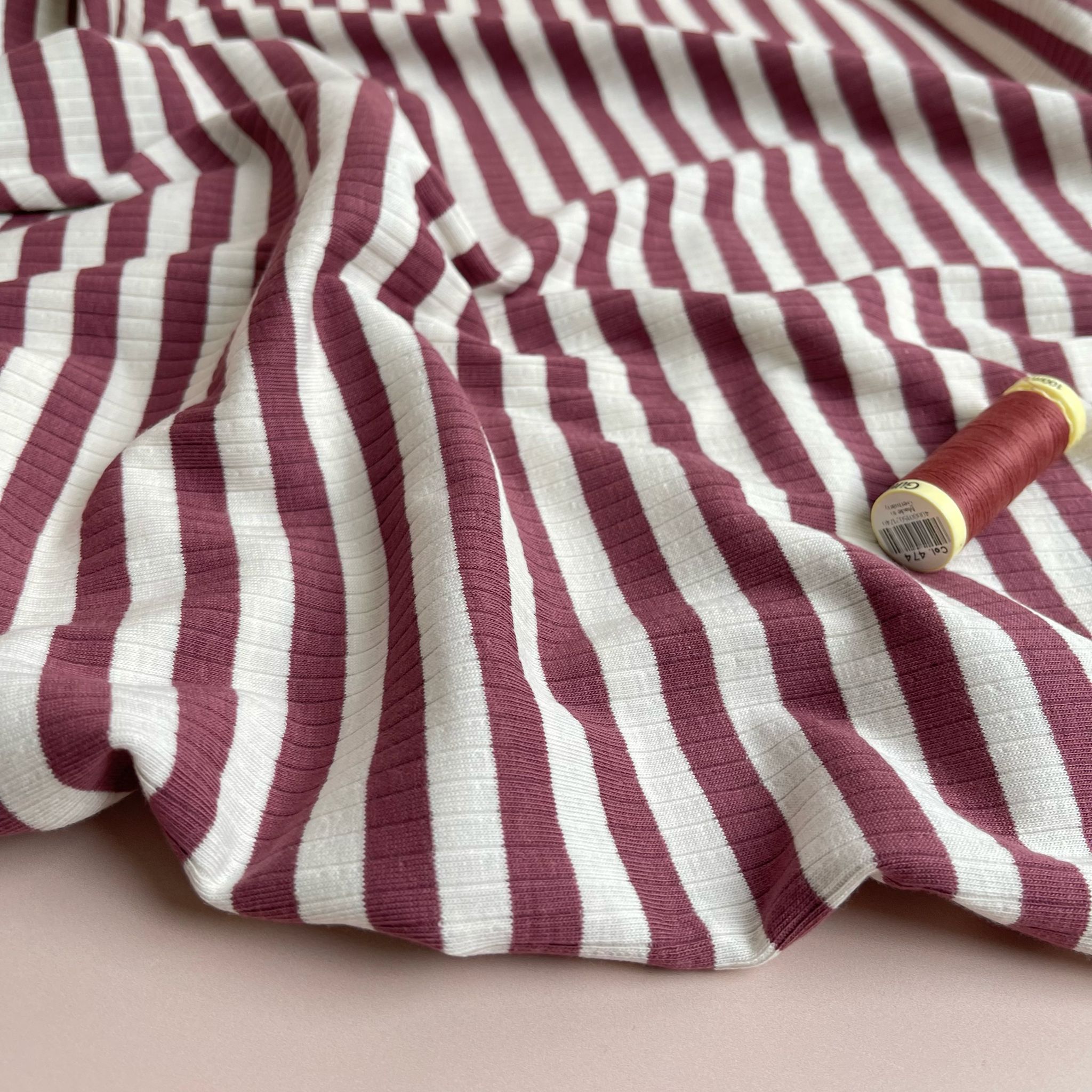 Yarn Dyed Striped Cotton Ribbed Jersey in Dark Mauve and White