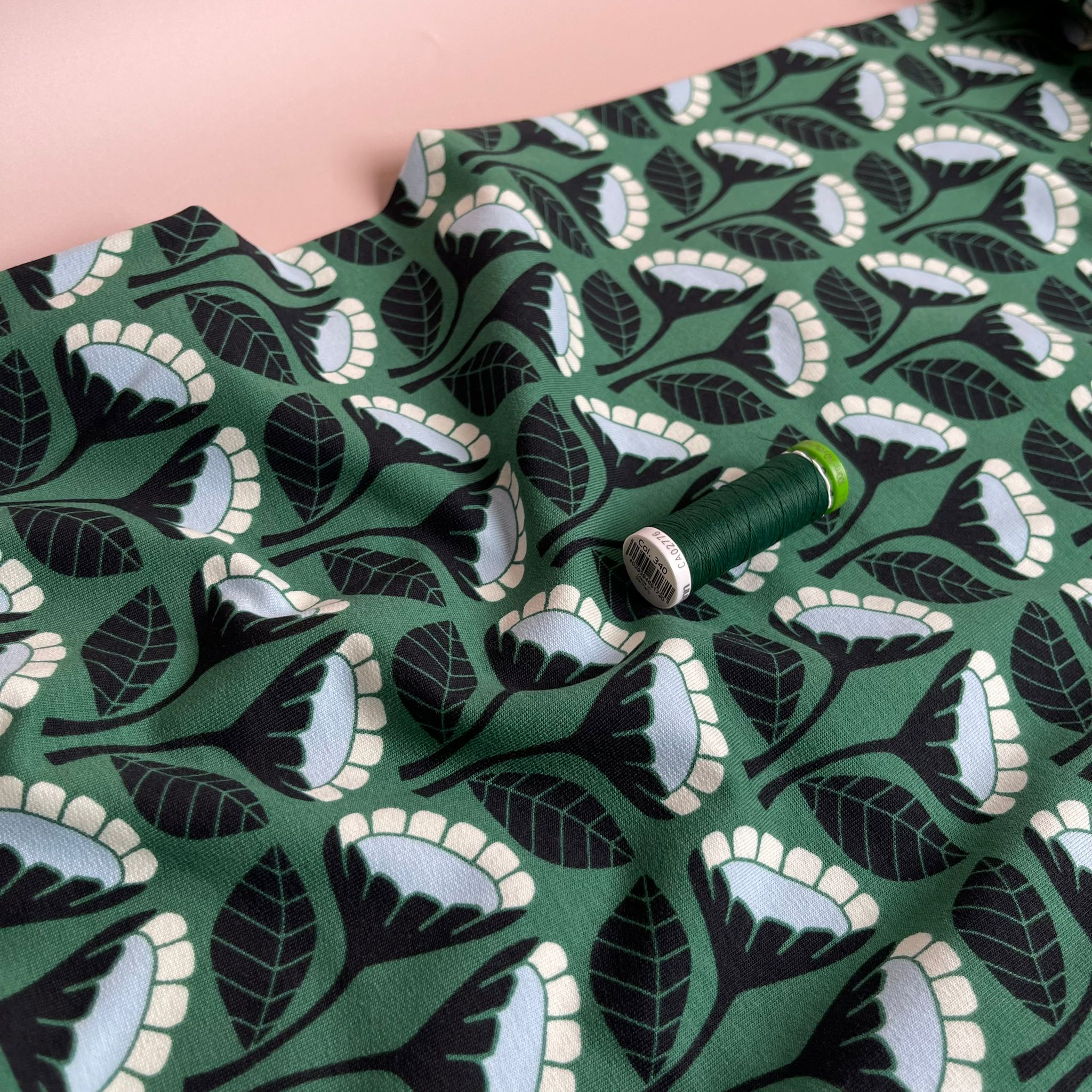 Monochrome Flowers on Emerald Green Cotton French Terry