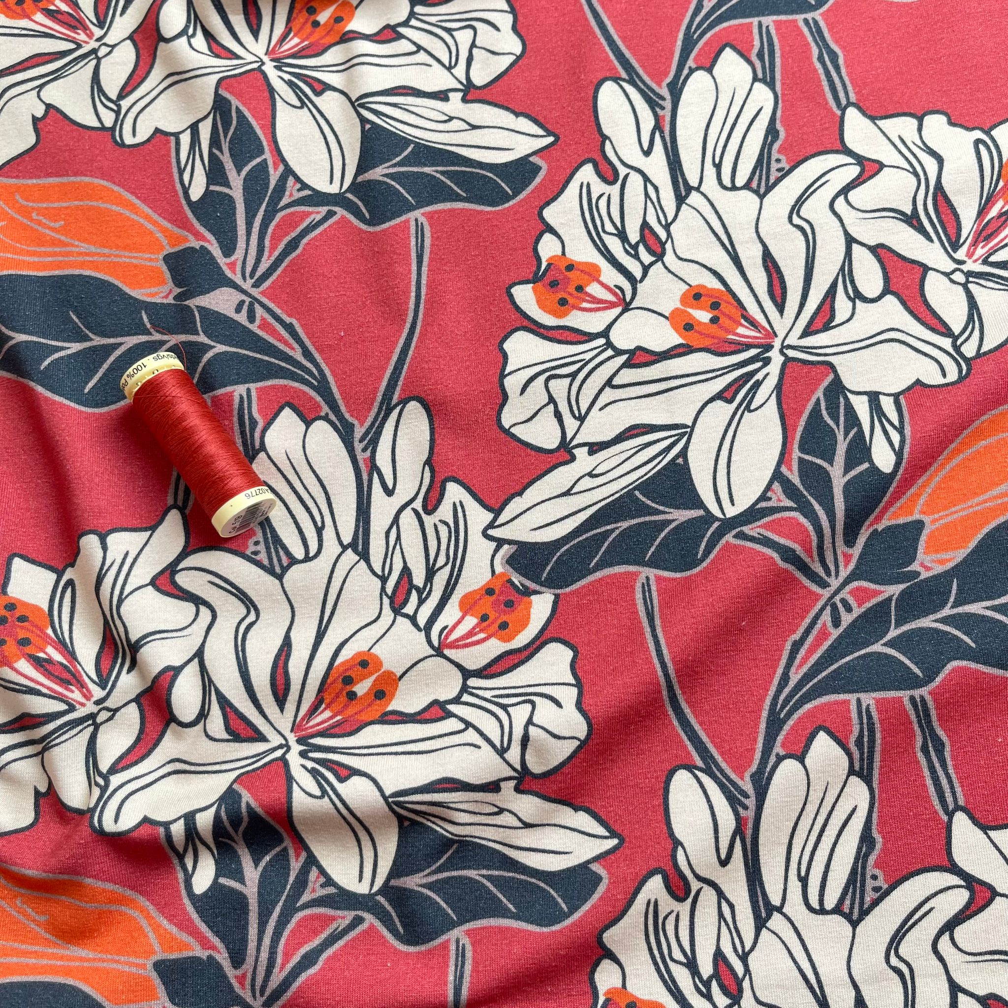 REMNANT 0.44 Metre (plus free sectin with hole) - Danish Design - Graphic Lilies Cotton Jersey Fabric