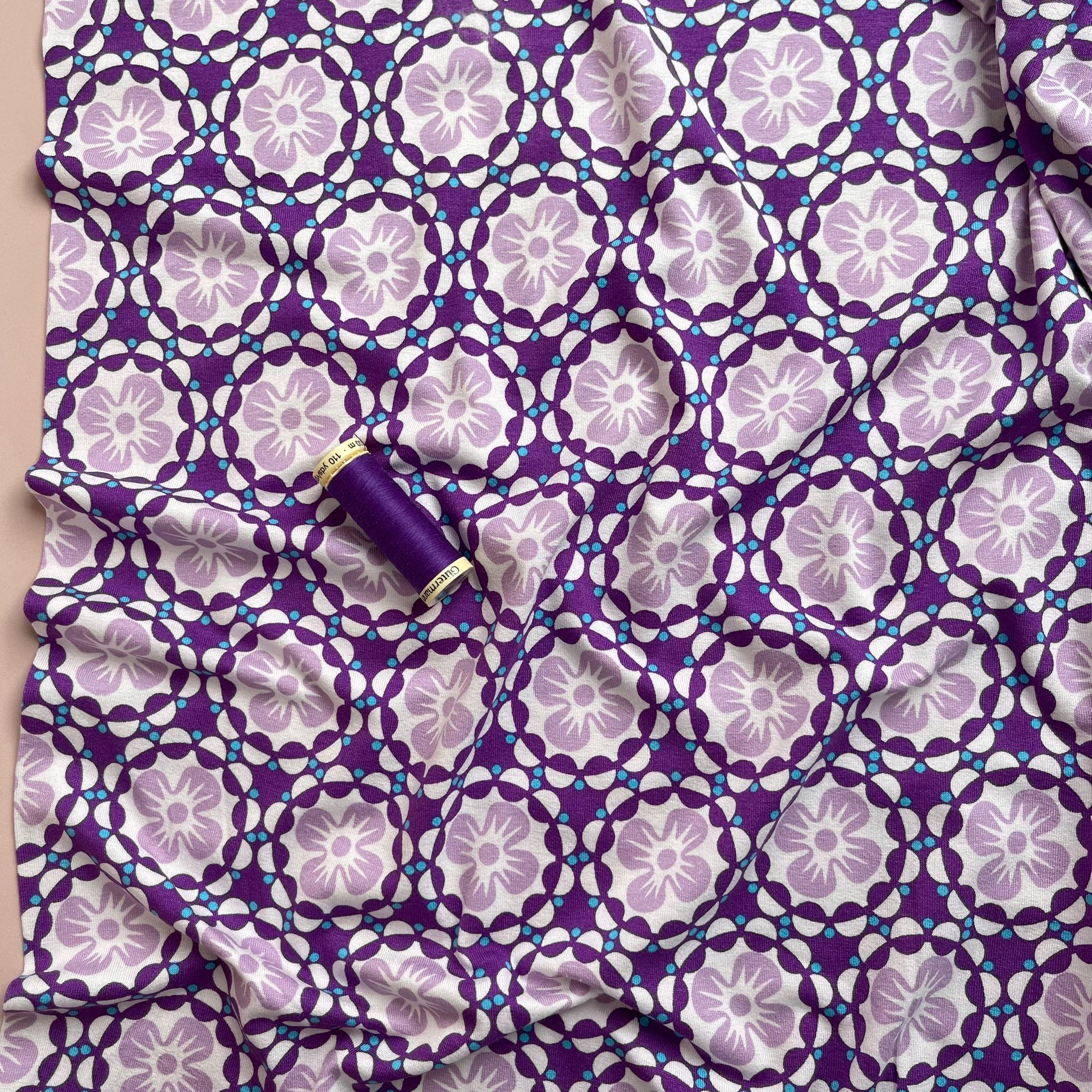 Mosaic Flowers in Purple Viscose Jersey Fabric