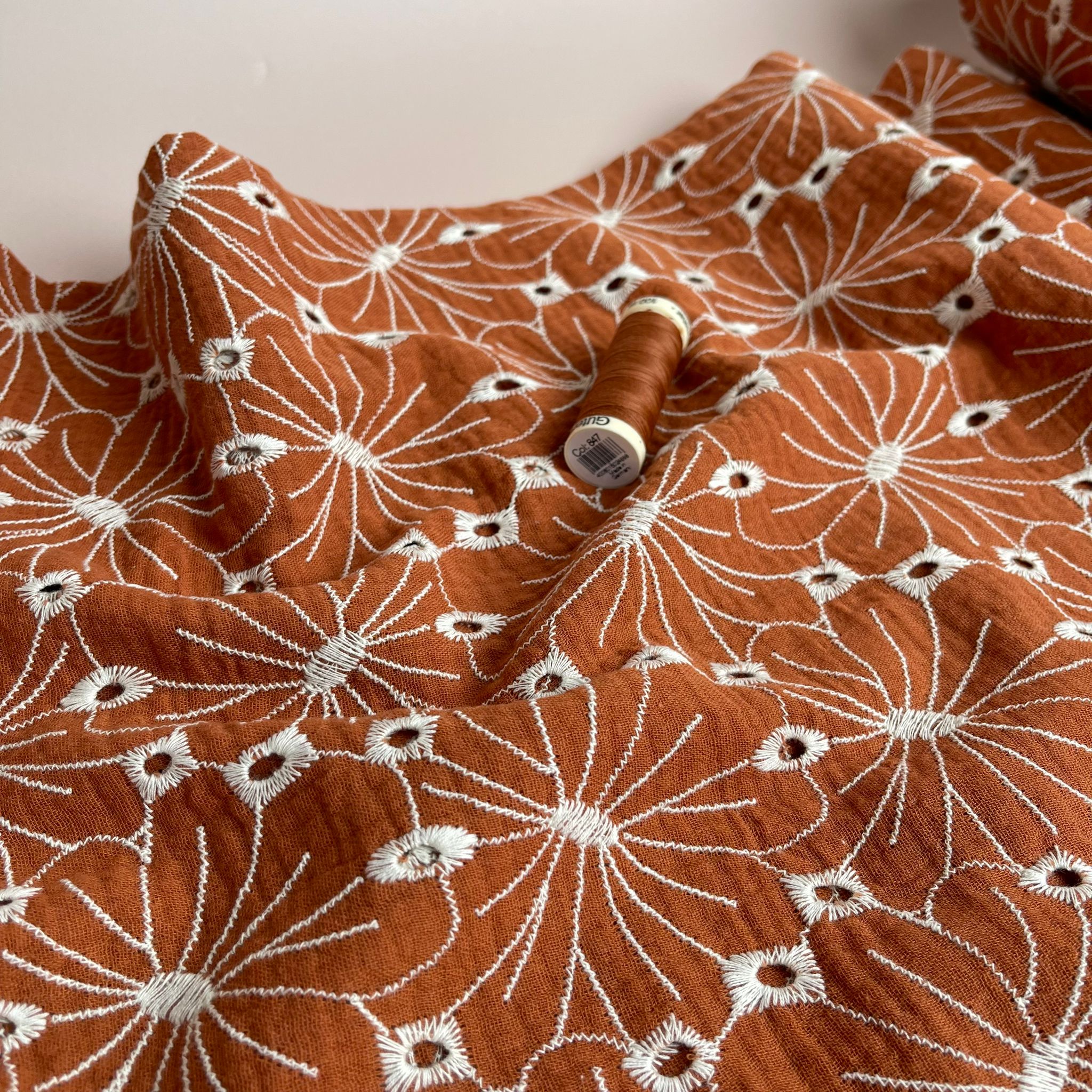 REMNANT 0.6 Metre - Embroidered Flowers on Rust Cotton Double Gauze