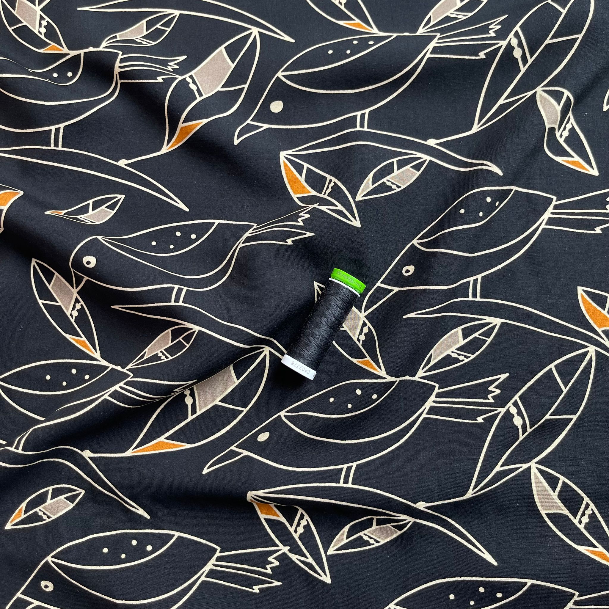 Graphic Birds Orange on Black Viscose Poplin Fabric