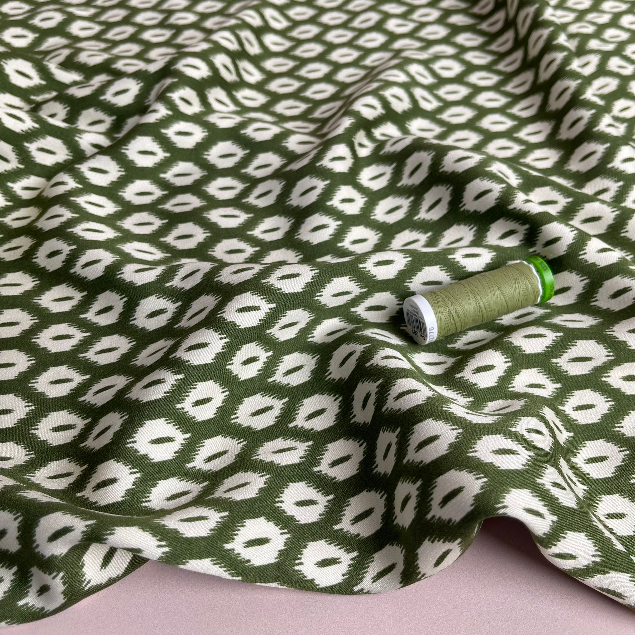 Abstract Rhombus on Olive Viscose Twill Sateen Fabric