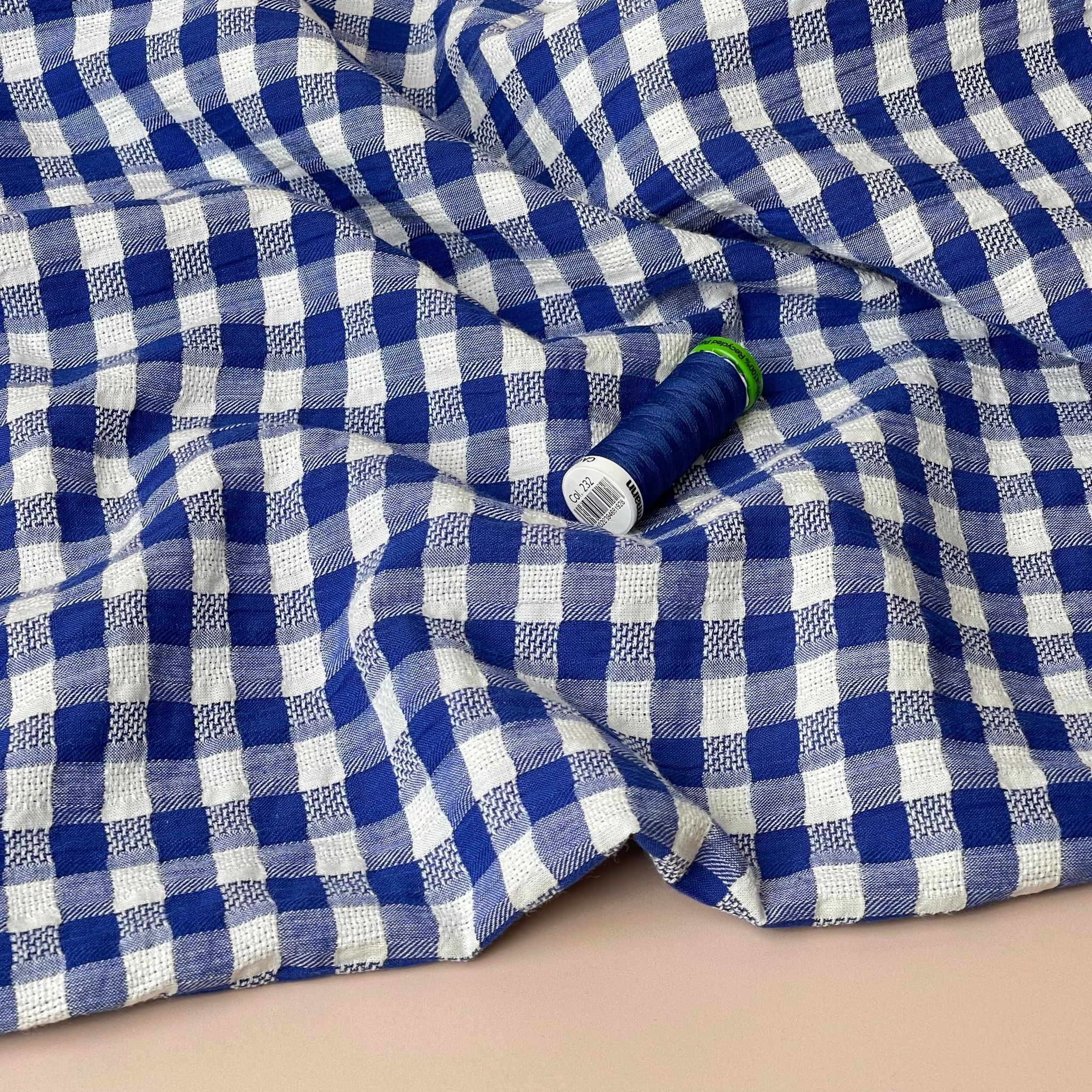 Blue Gingham Cotton Seersucker Fabric