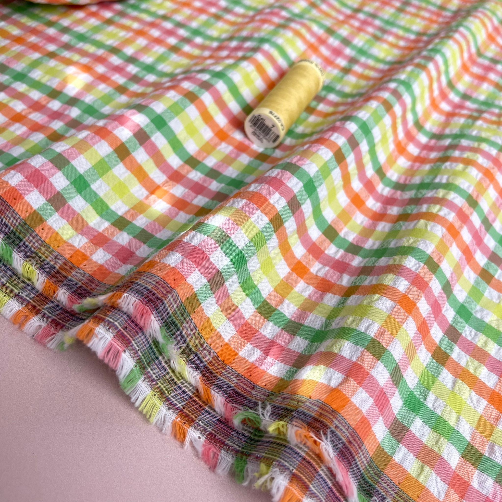 Yarn Dyed Neon Rainbow Checks Cotton Seersucker Fabric