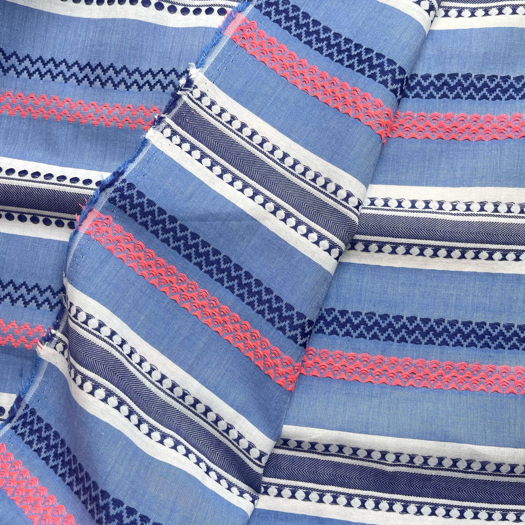 Yarn Dyed Embroidered Stripes on Blue Cotton Fabric