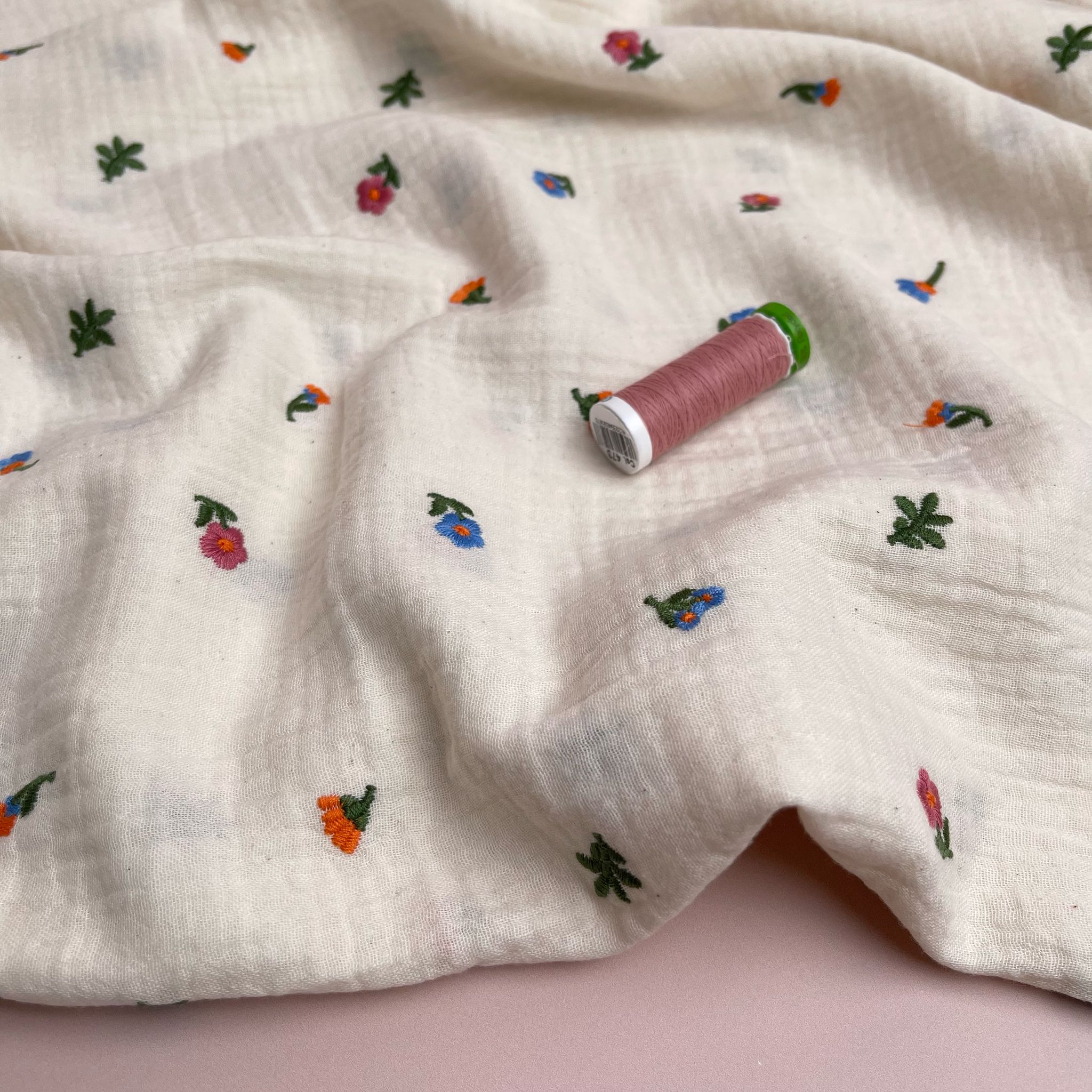 Embroidered Ditsy Florals on Off-White Cotton Double Gauze