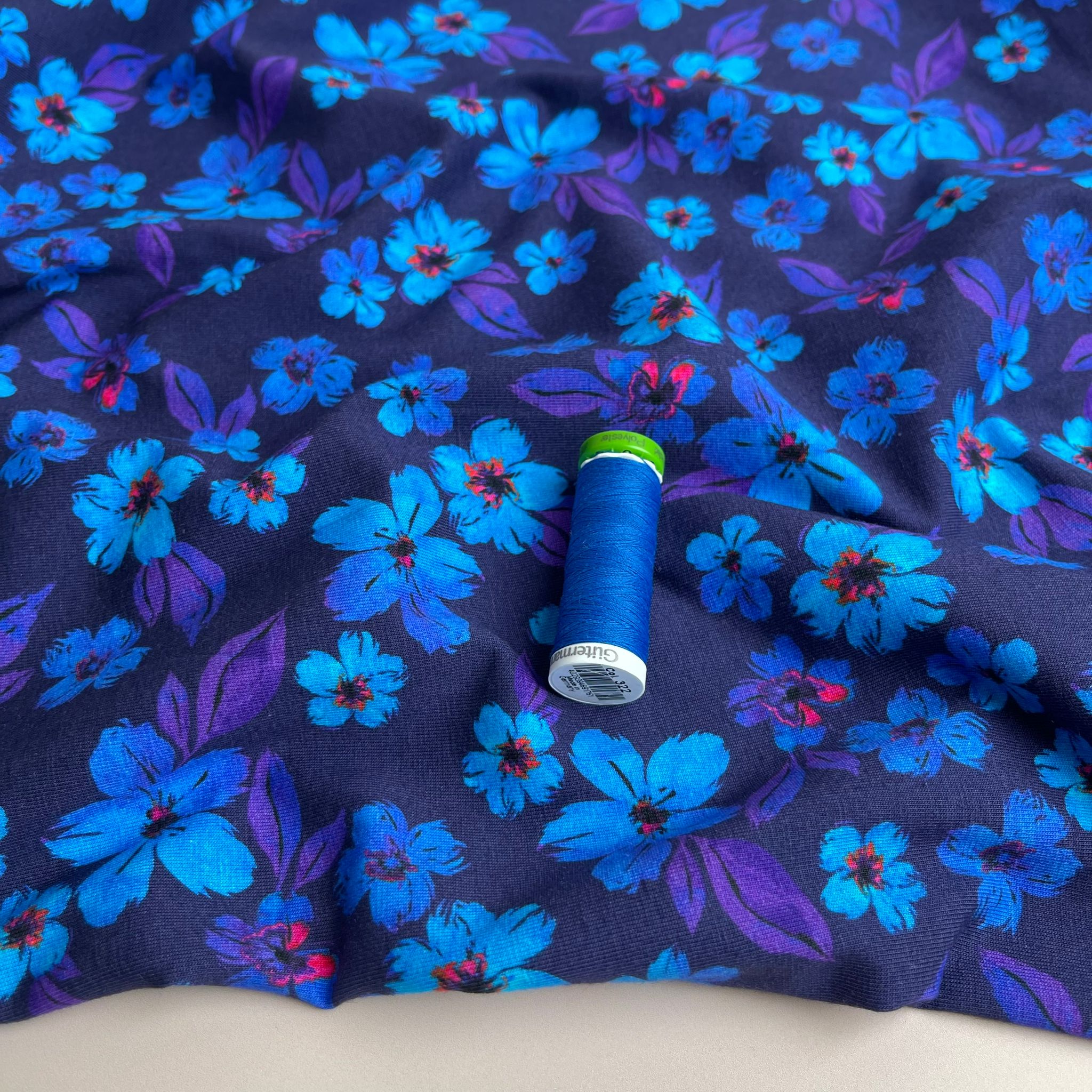 Cobalt Blooms Cotton Jersey Fabric