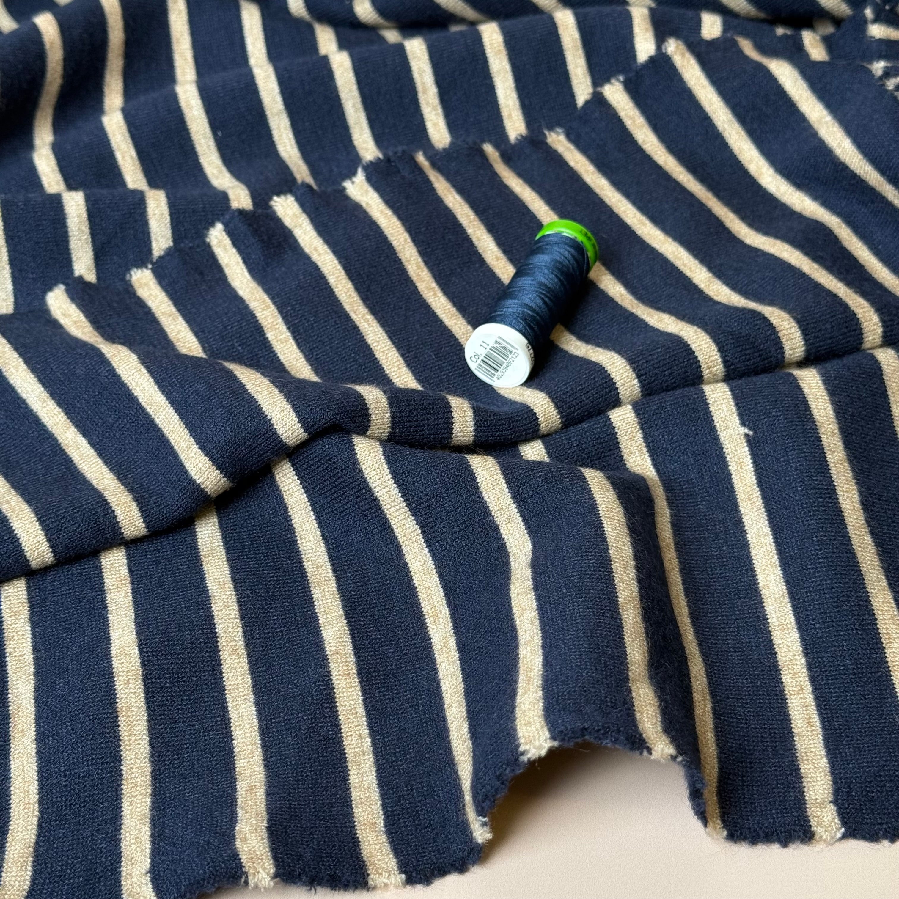 Yarn Dyed Viscose Blend Double Knit Stripes in Navy & Beige