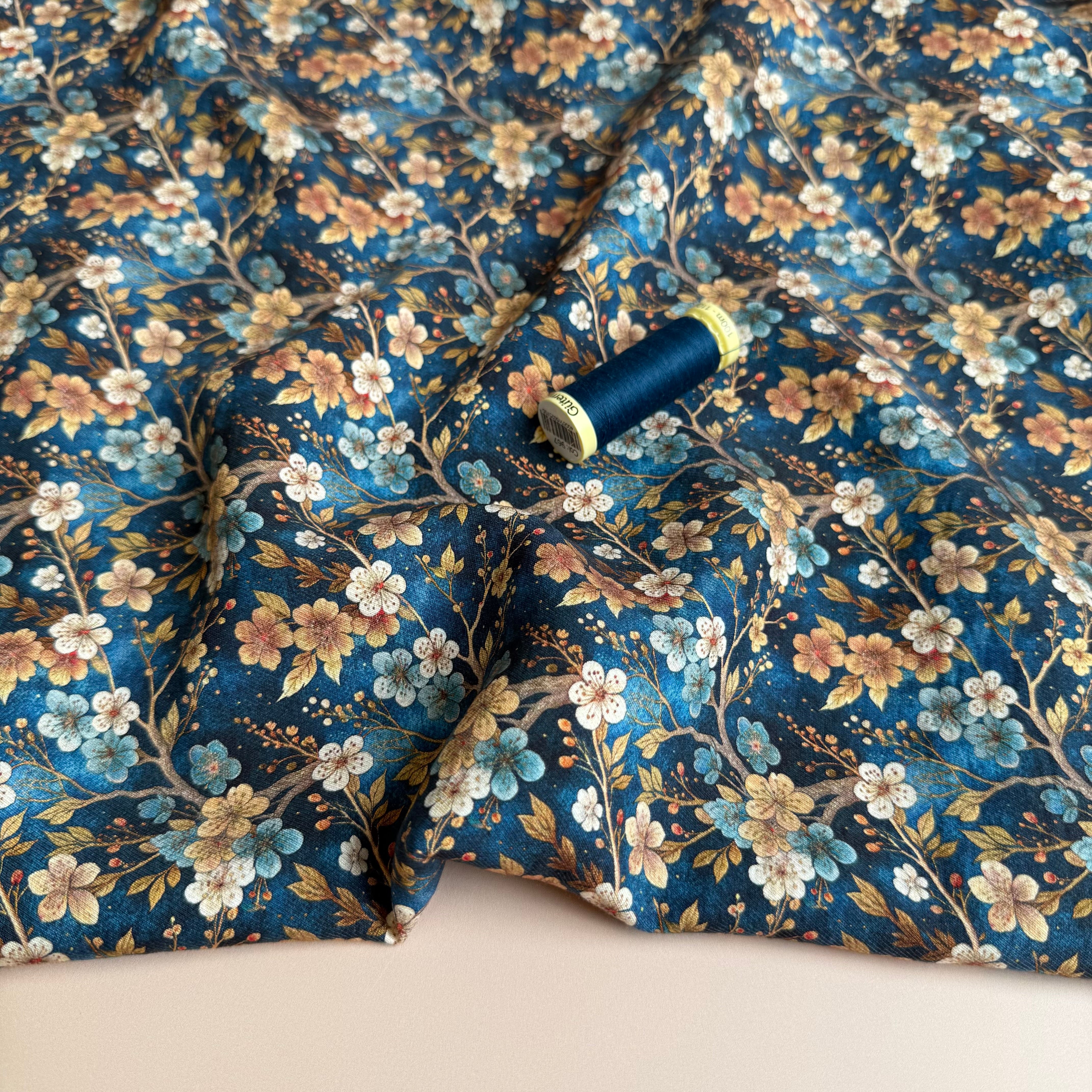 Cherry Blossoms Blue Fine Viscose Twill