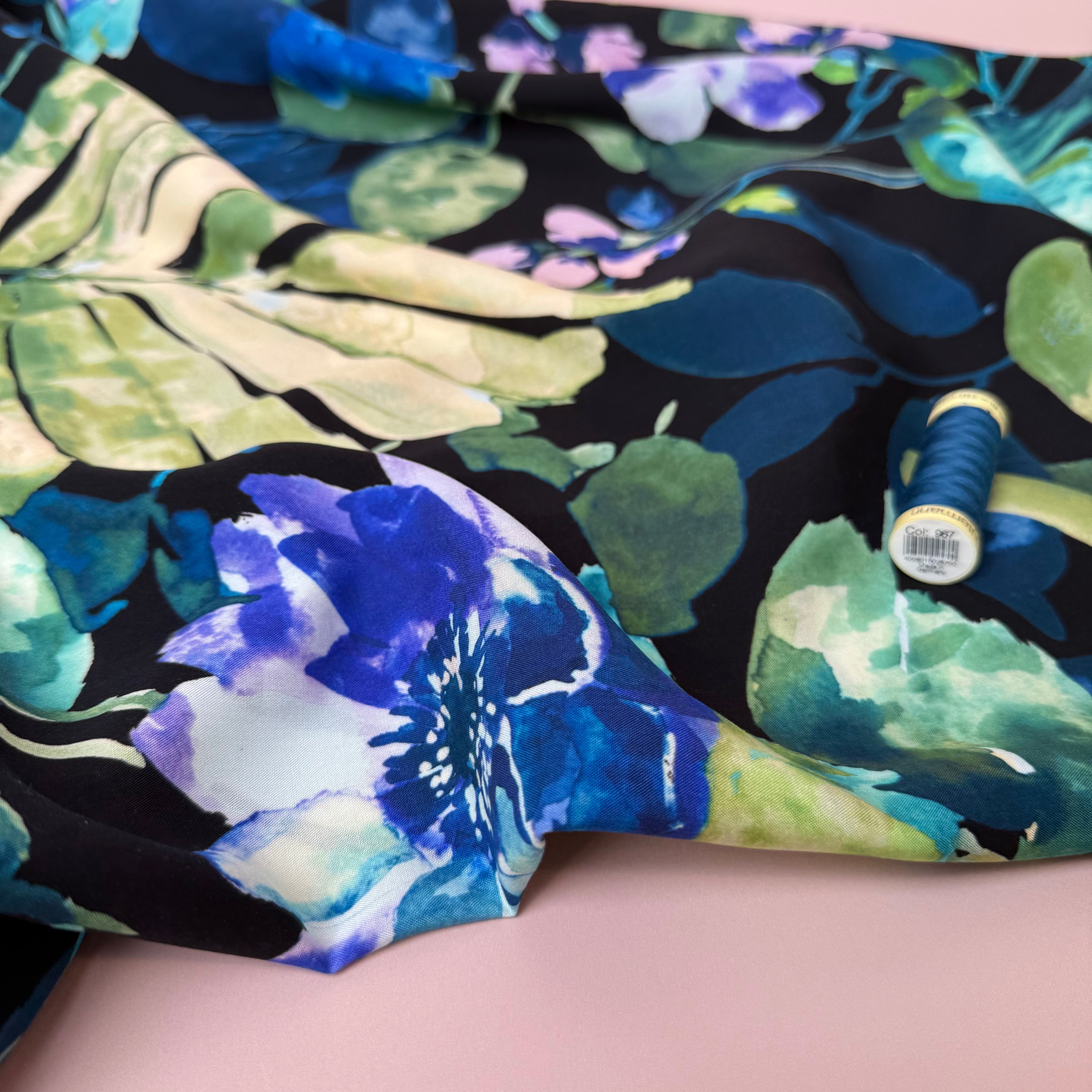 Winter Blooms with Petrol Viscose Poplin Fabric