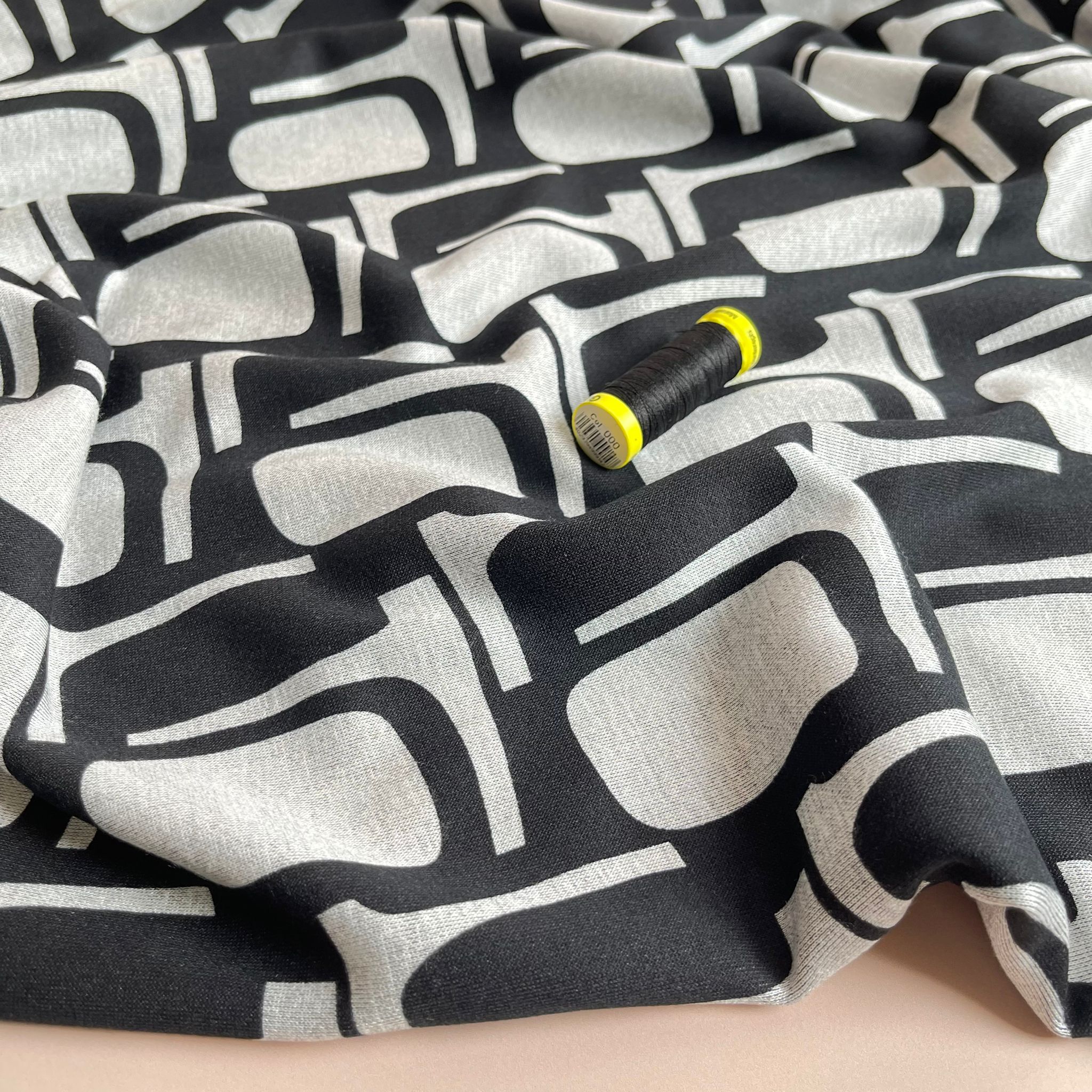 Abstract Shapes in Grey Soft Ponte Interlock Jersey Fabric