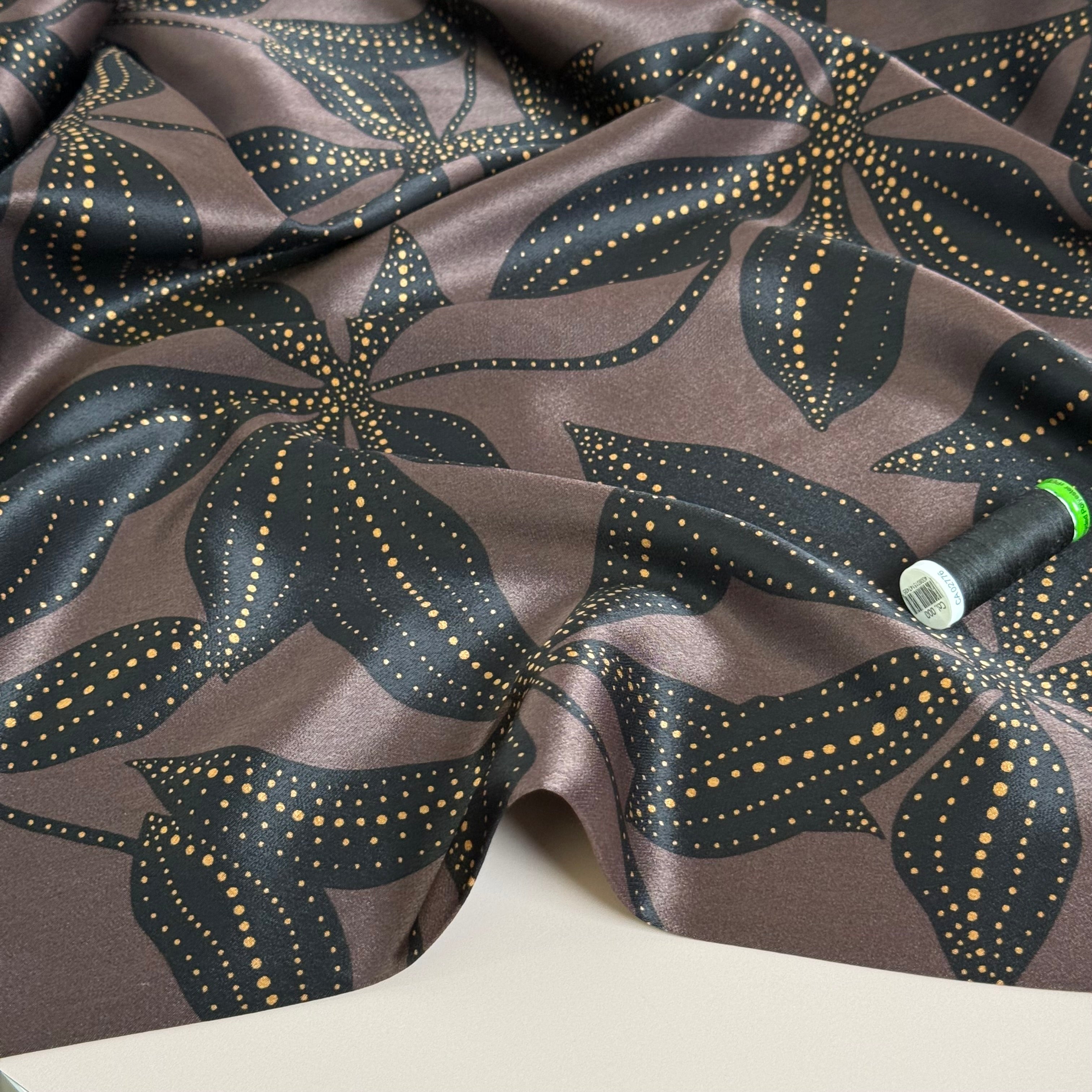 Spoty Flower on Dark Brown Spun Viscose Sateen Fabric