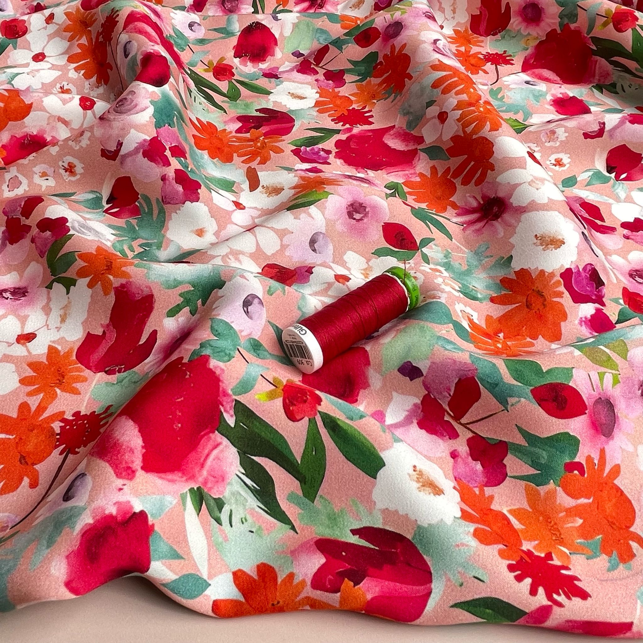 Painted Pink Meadow Viscose Sateen Fabric