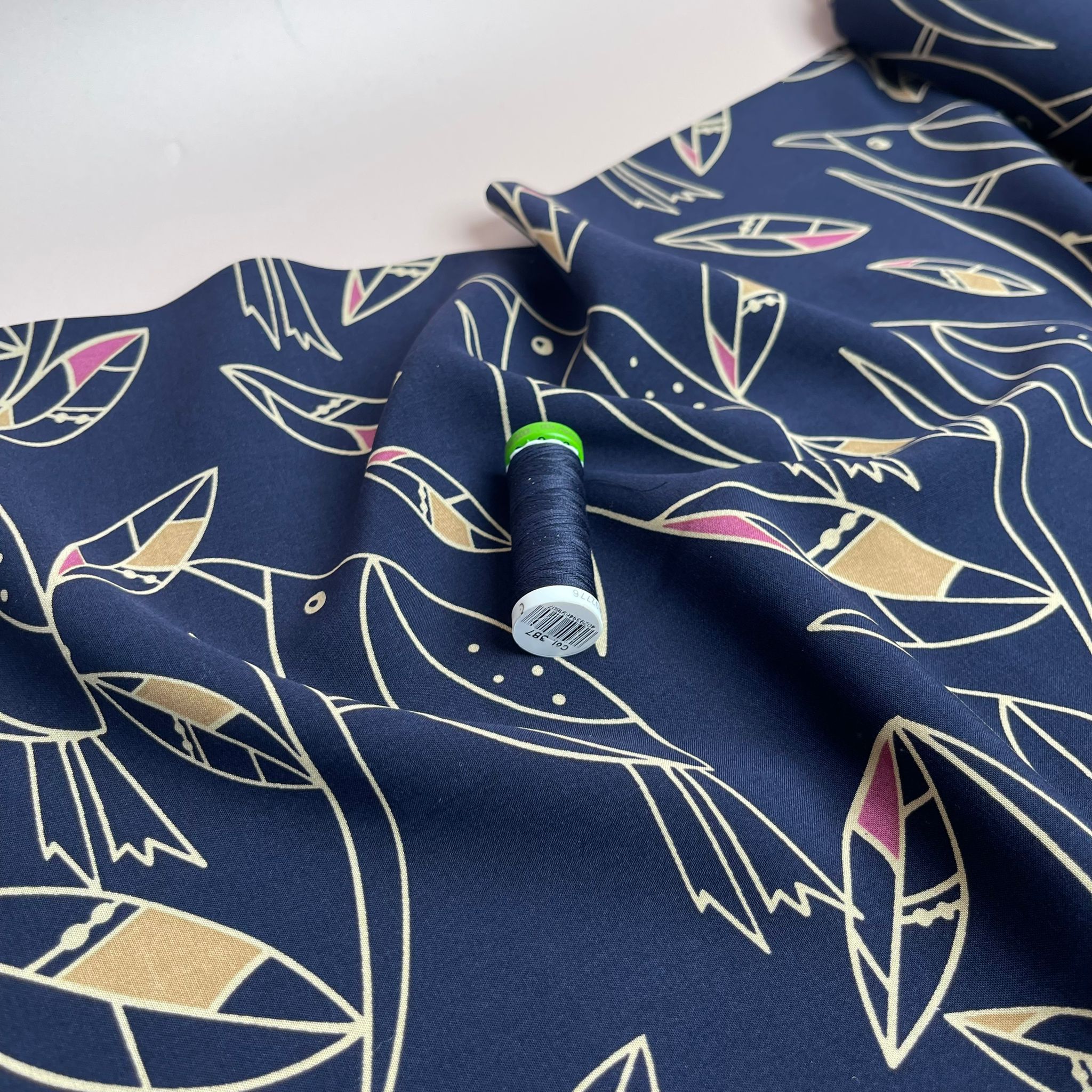 REMNANT 2 Metres - Graphic Birds Pink on Navy Viscose Poplin Fabric