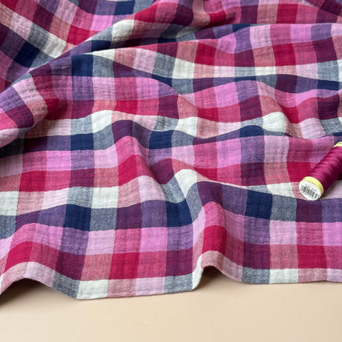 Reversible Pink & Navy Checked Cotton Double Gauze
