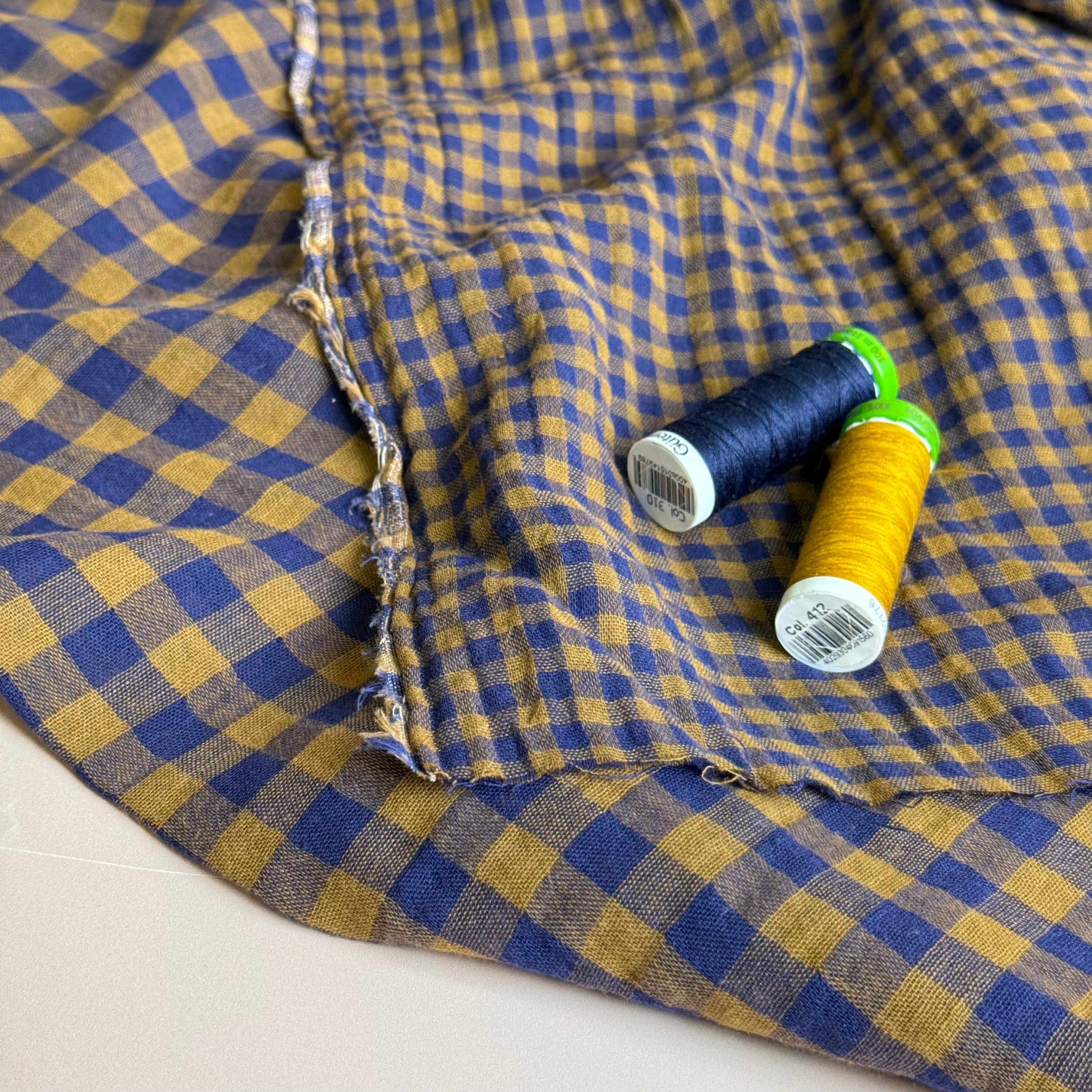 Reversible Navy & Gold Gingham Cotton Double Gauze